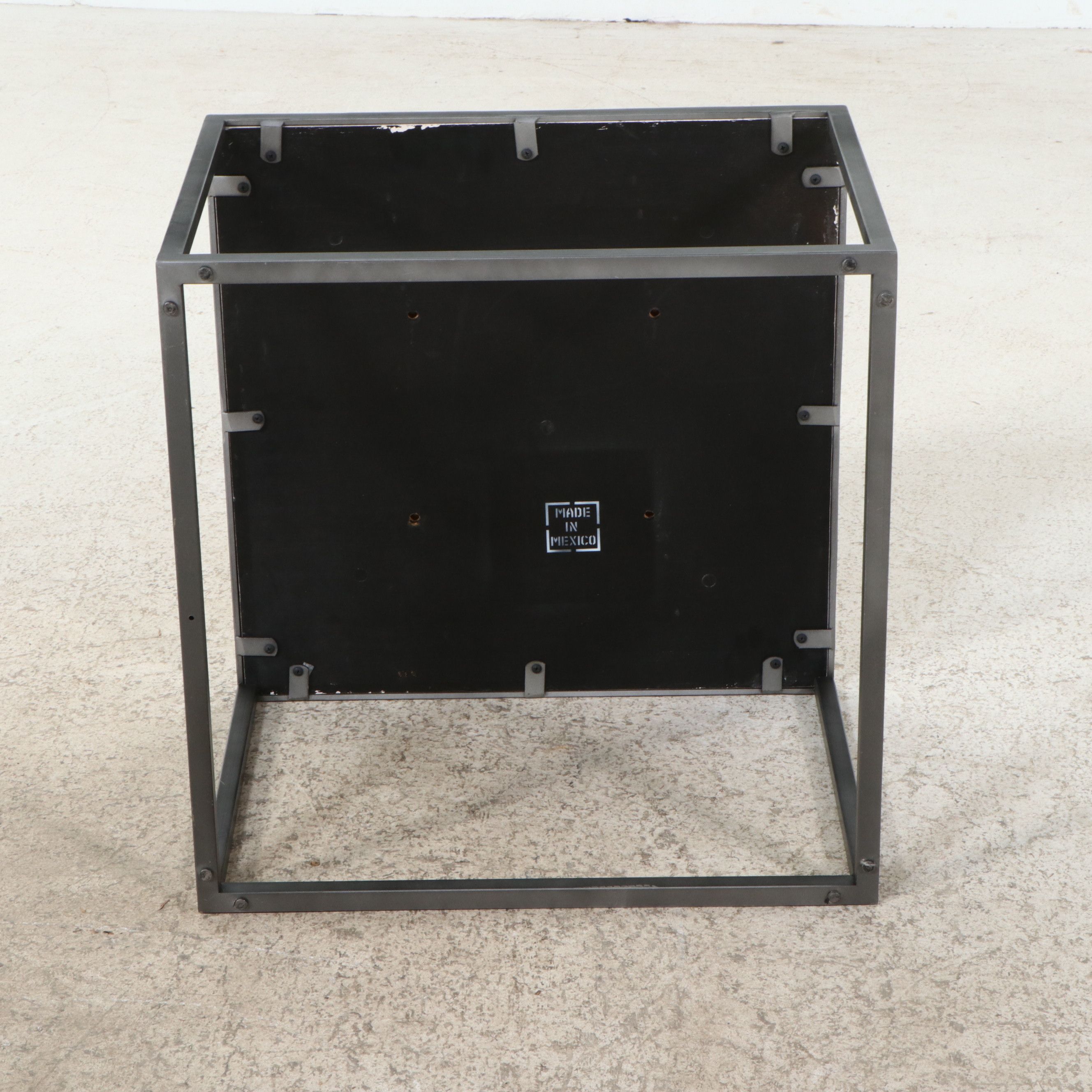 Contemporary Patinated Steel Coffee Table & End Tables with Travertine Tops