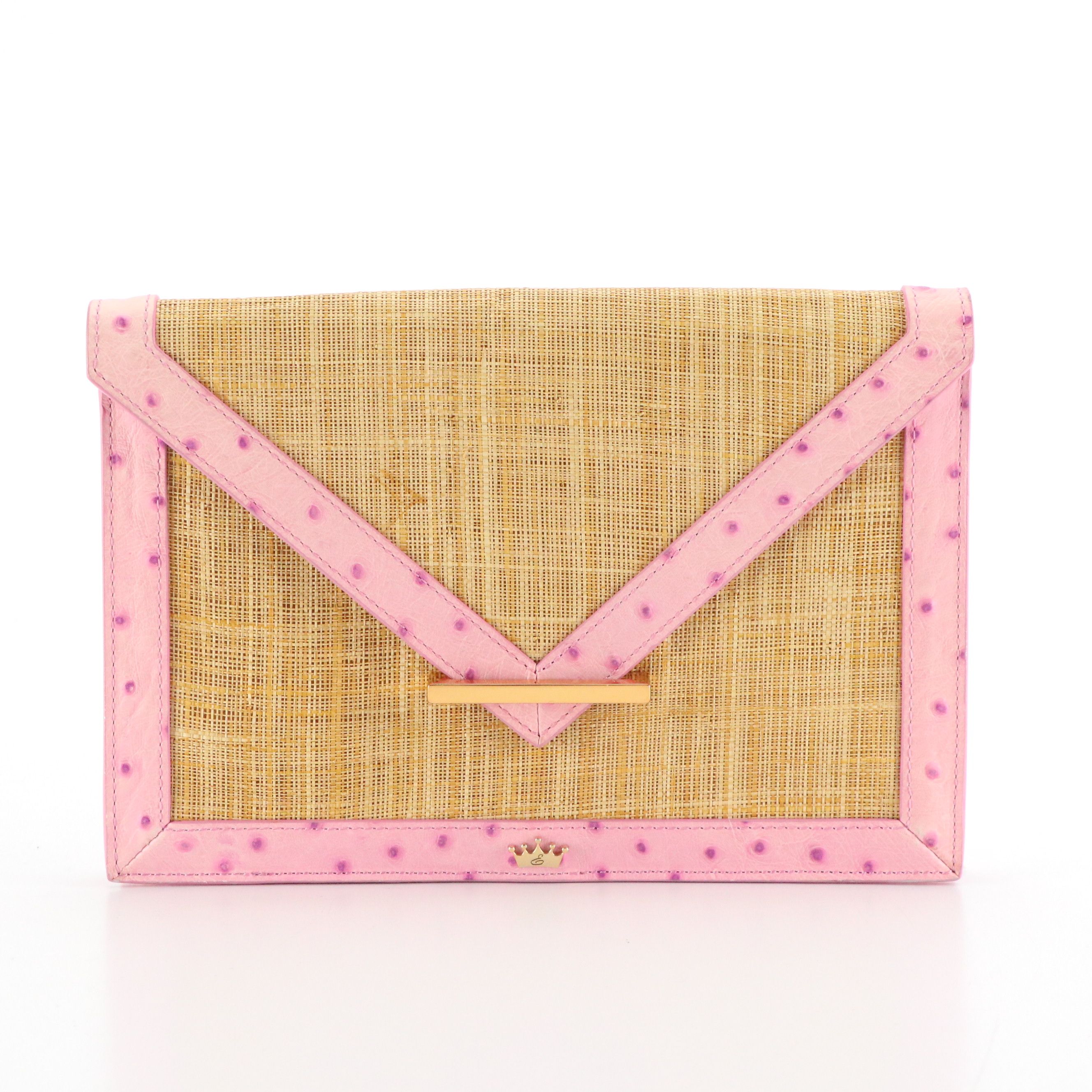 Elaine Turner Straw Envelope Clutch with Dyed Ostrich Leather Trim