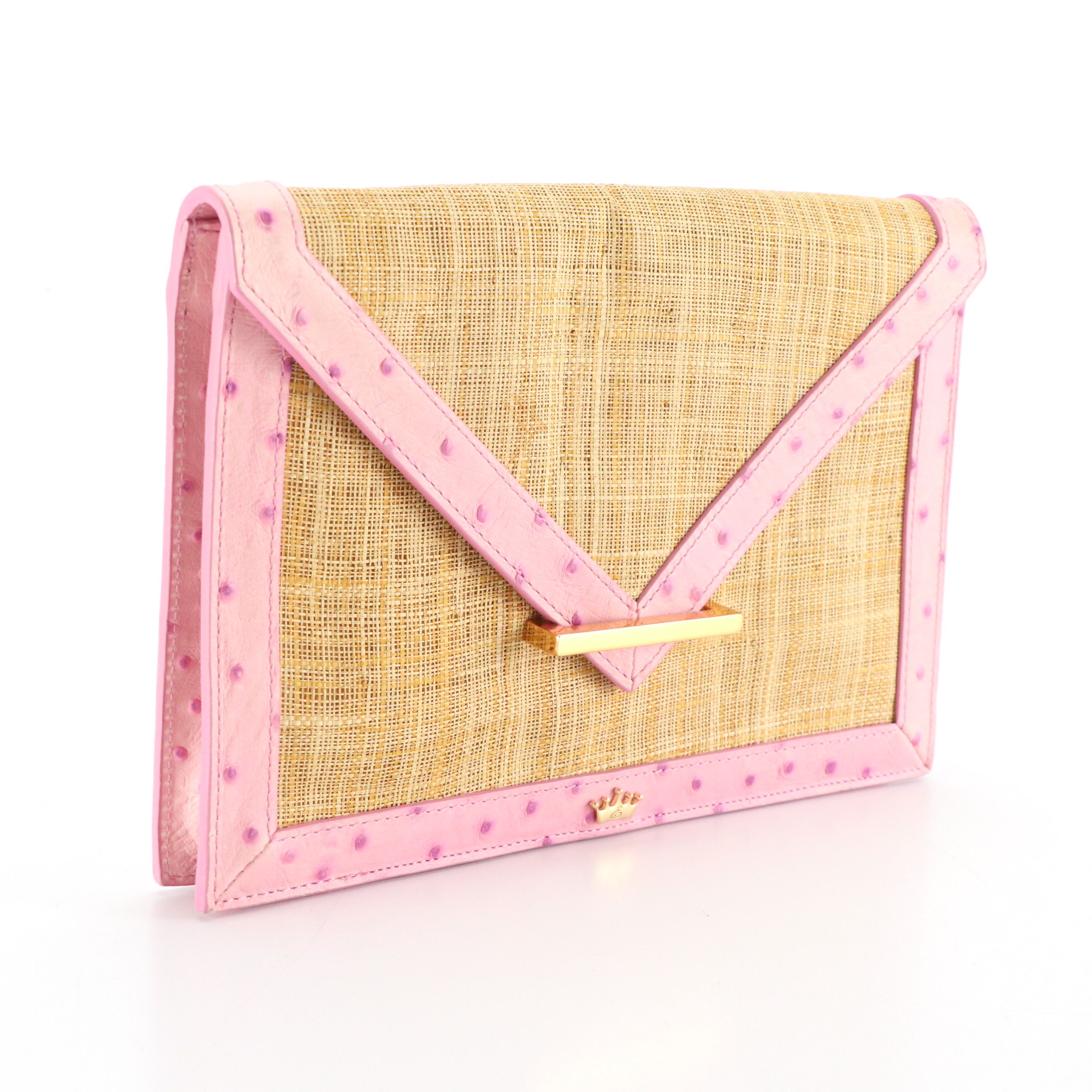 Elaine Turner Straw Envelope Clutch with Dyed Ostrich Leather Trim