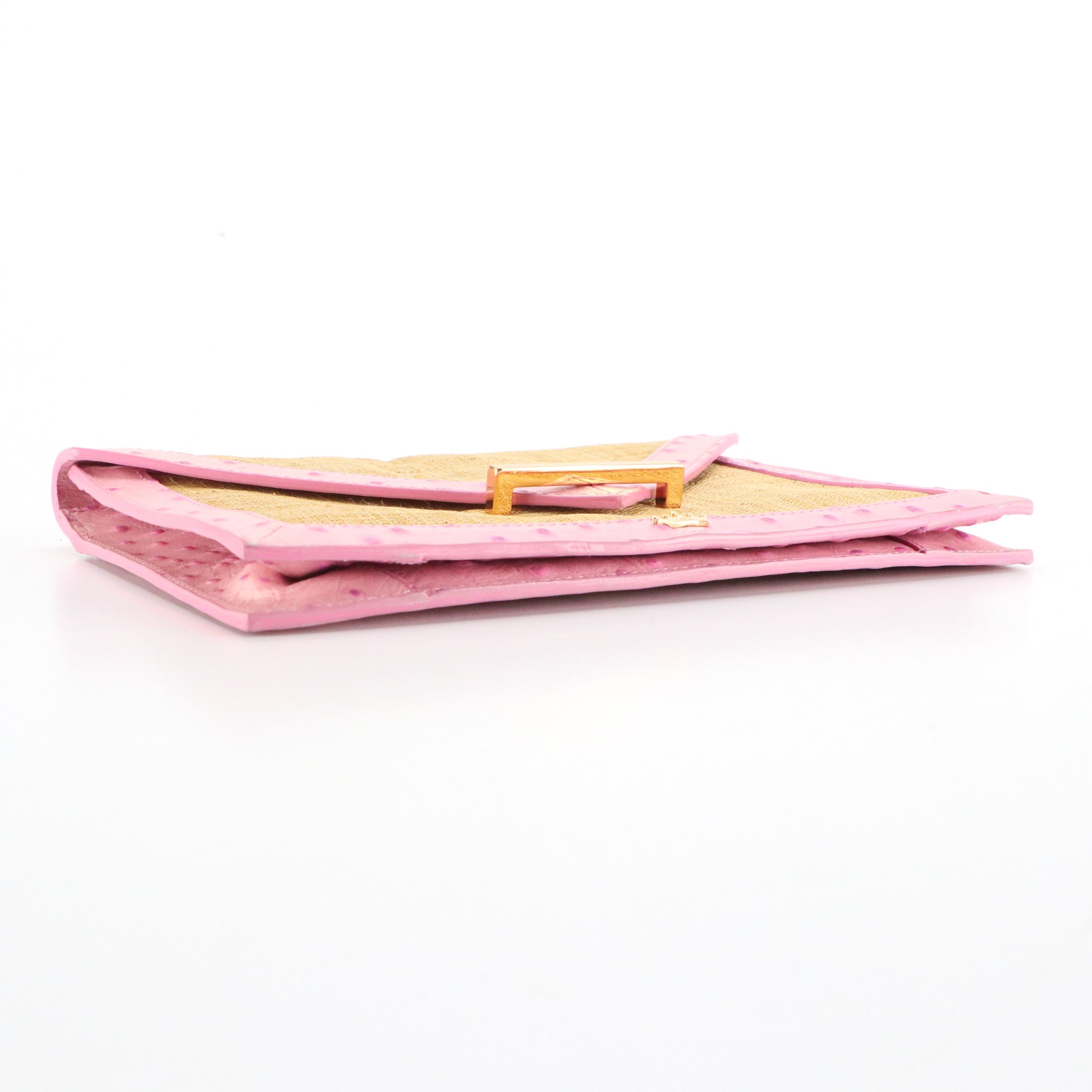 Elaine Turner Straw Envelope Clutch with Dyed Ostrich Leather Trim