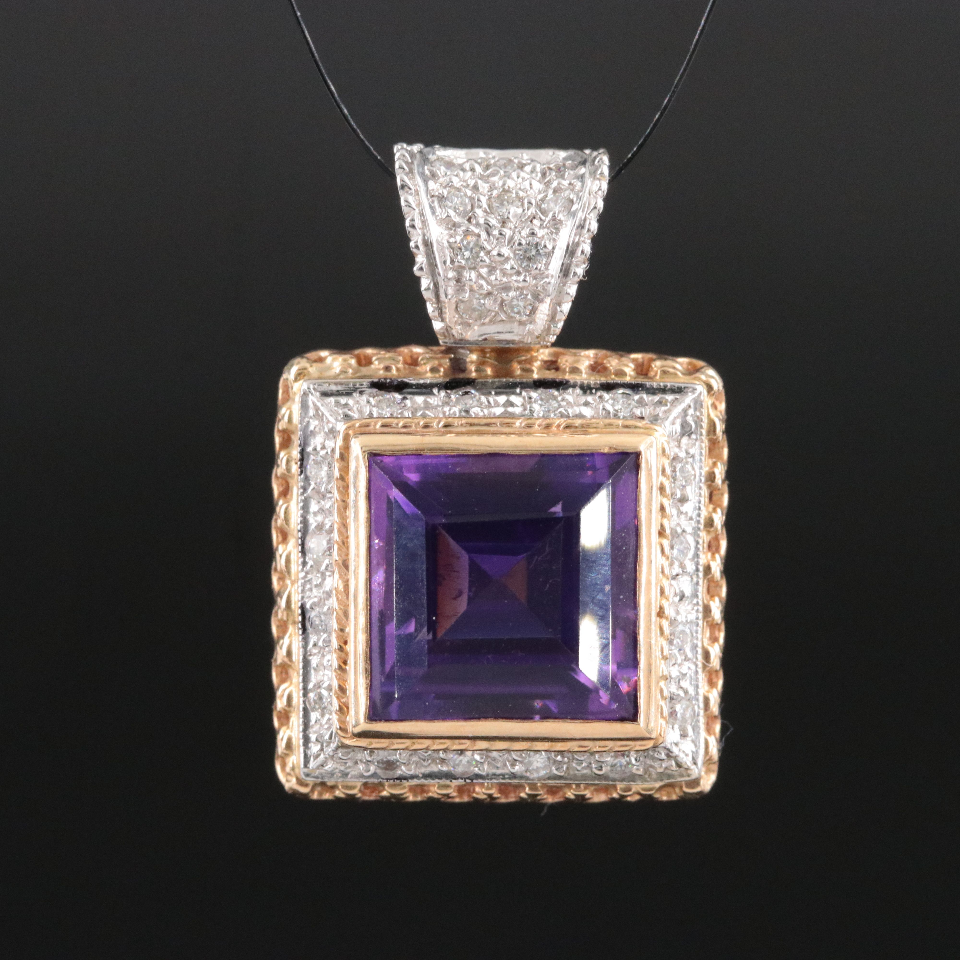 14K Two Tone Amethyst and Diamond Pendant