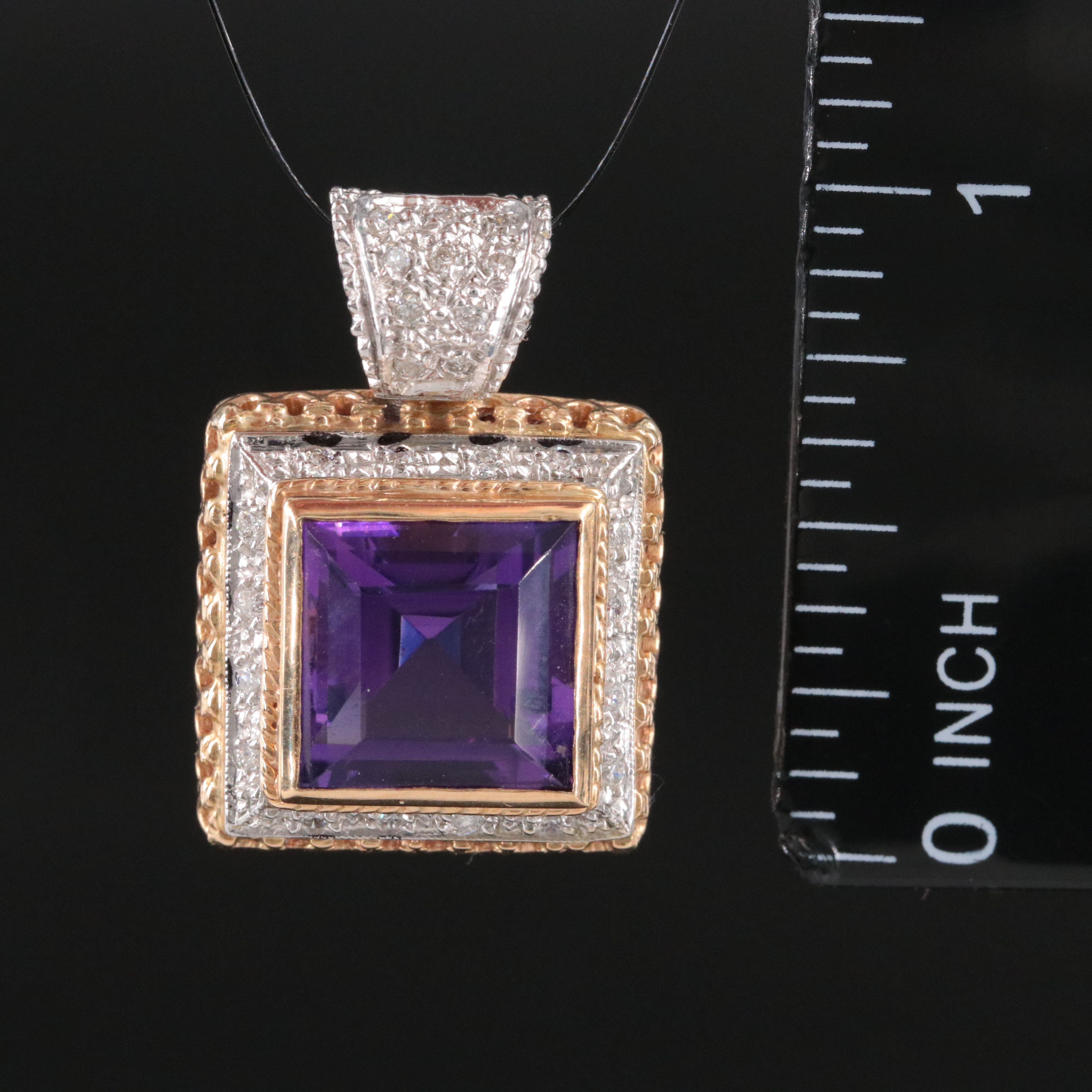 14K Two Tone Amethyst and Diamond Pendant