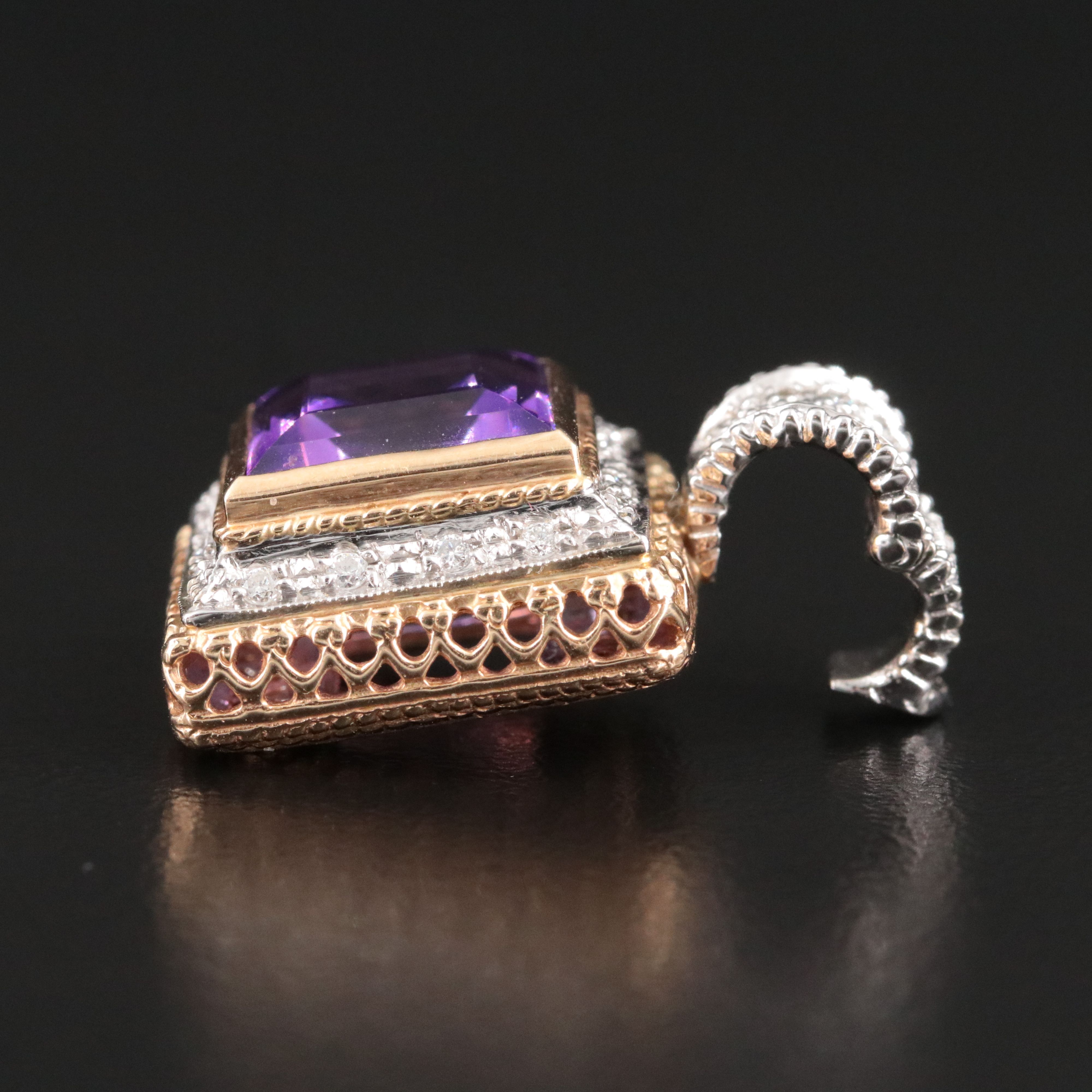 14K Two Tone Amethyst and Diamond Pendant