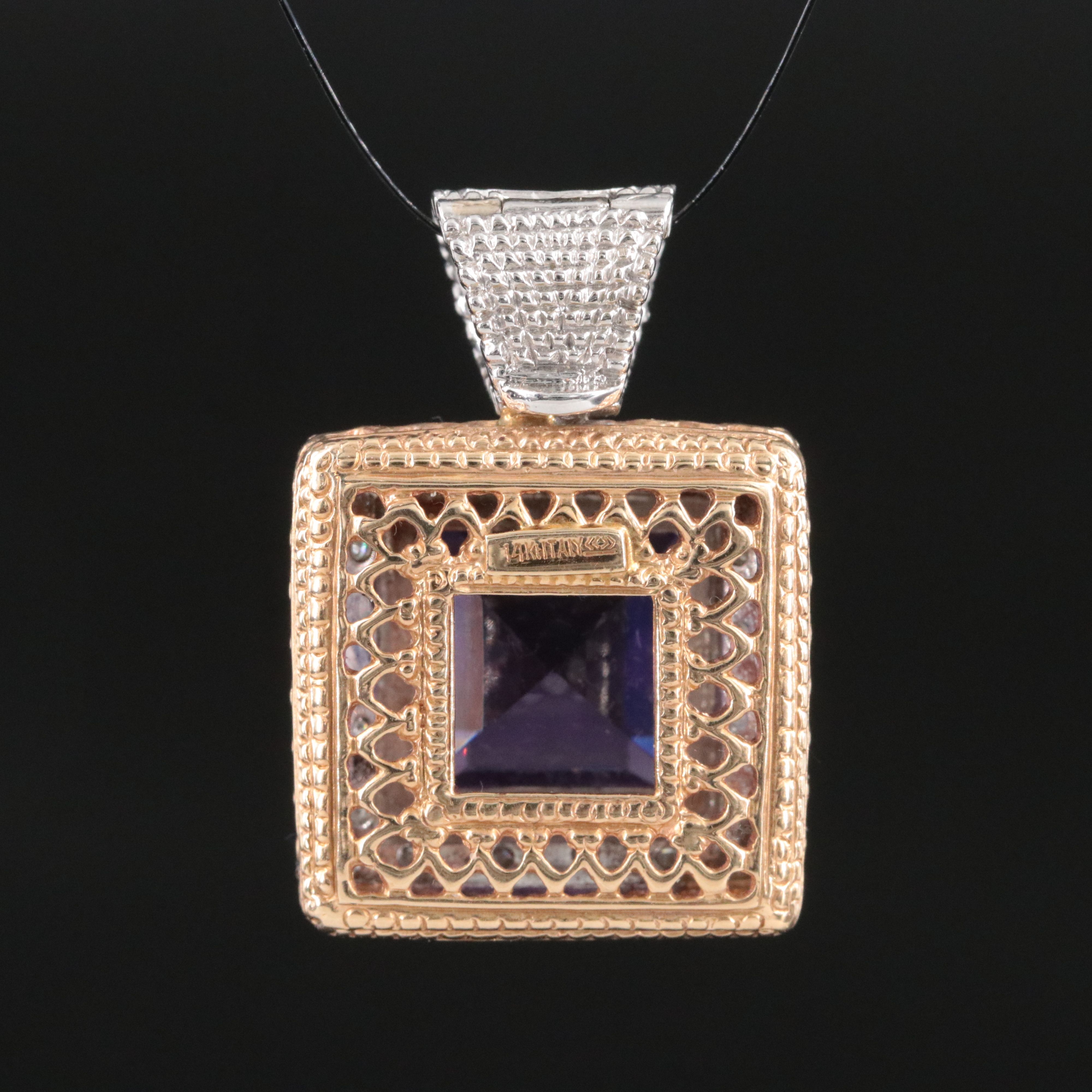 14K Two Tone Amethyst and Diamond Pendant