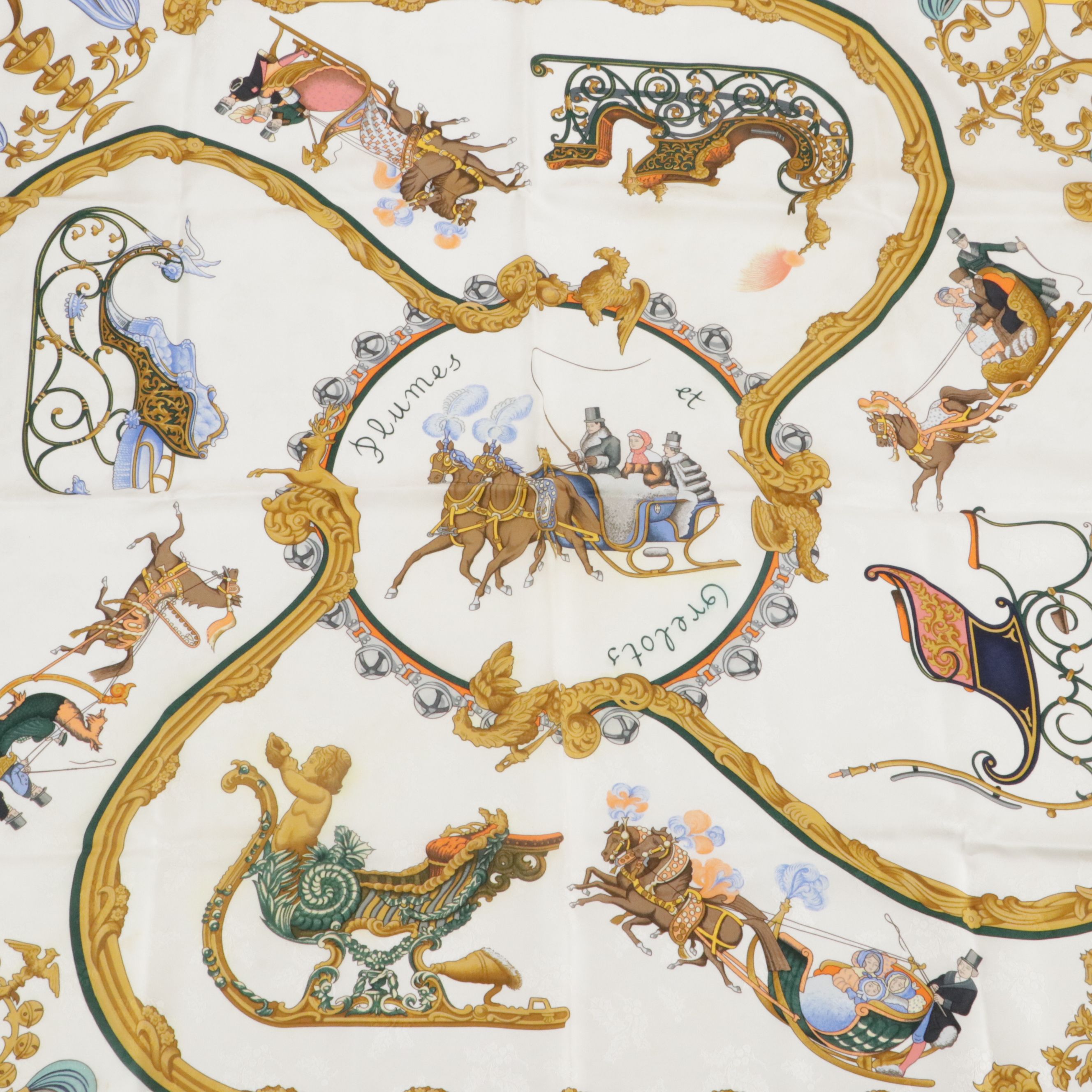 Hermès "Plumes et Grelots" Scarf 90 in Holly Silk Jacquard