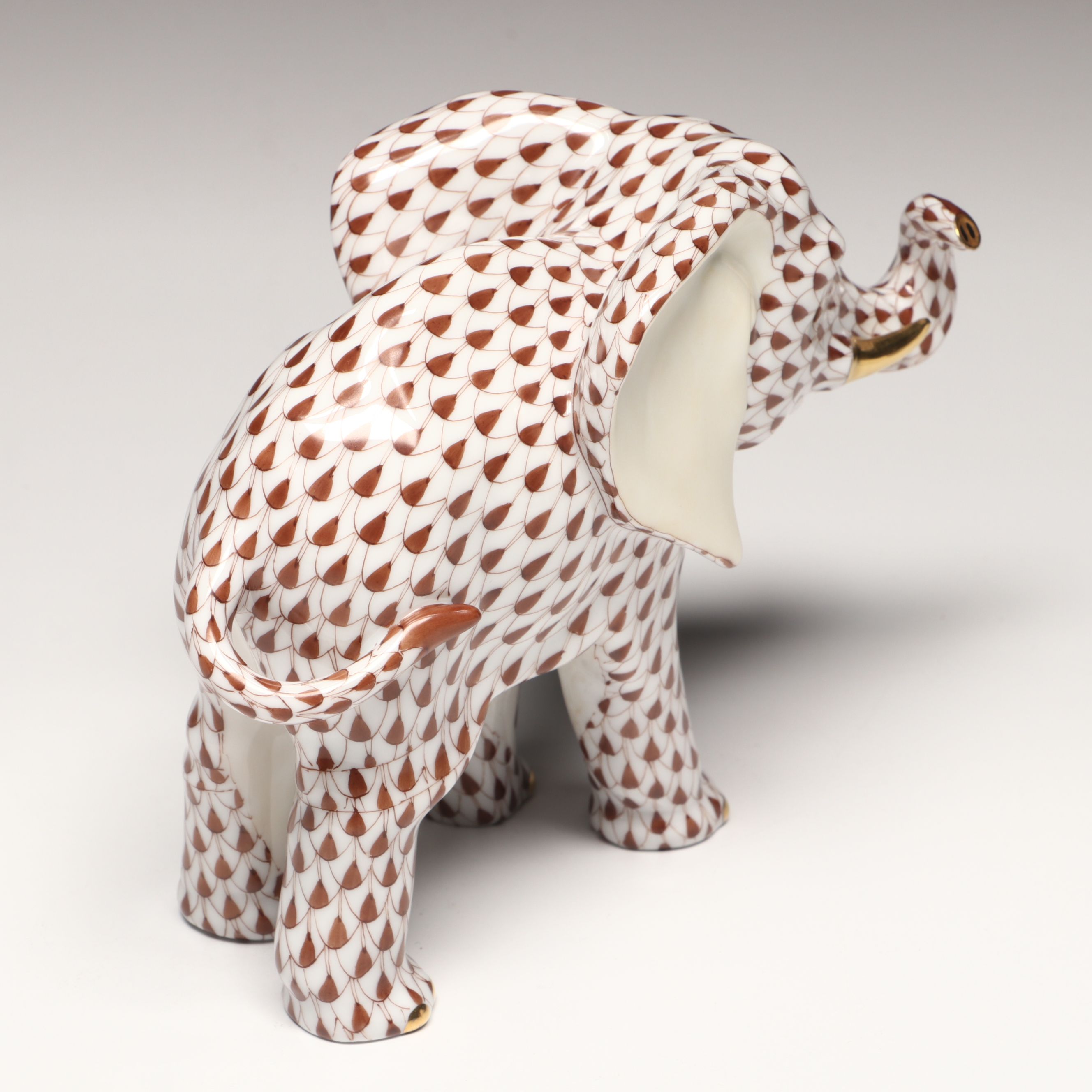 Herend Chocolate Fishnet with Gold "Roaming Elephant" Porcelain Figurine