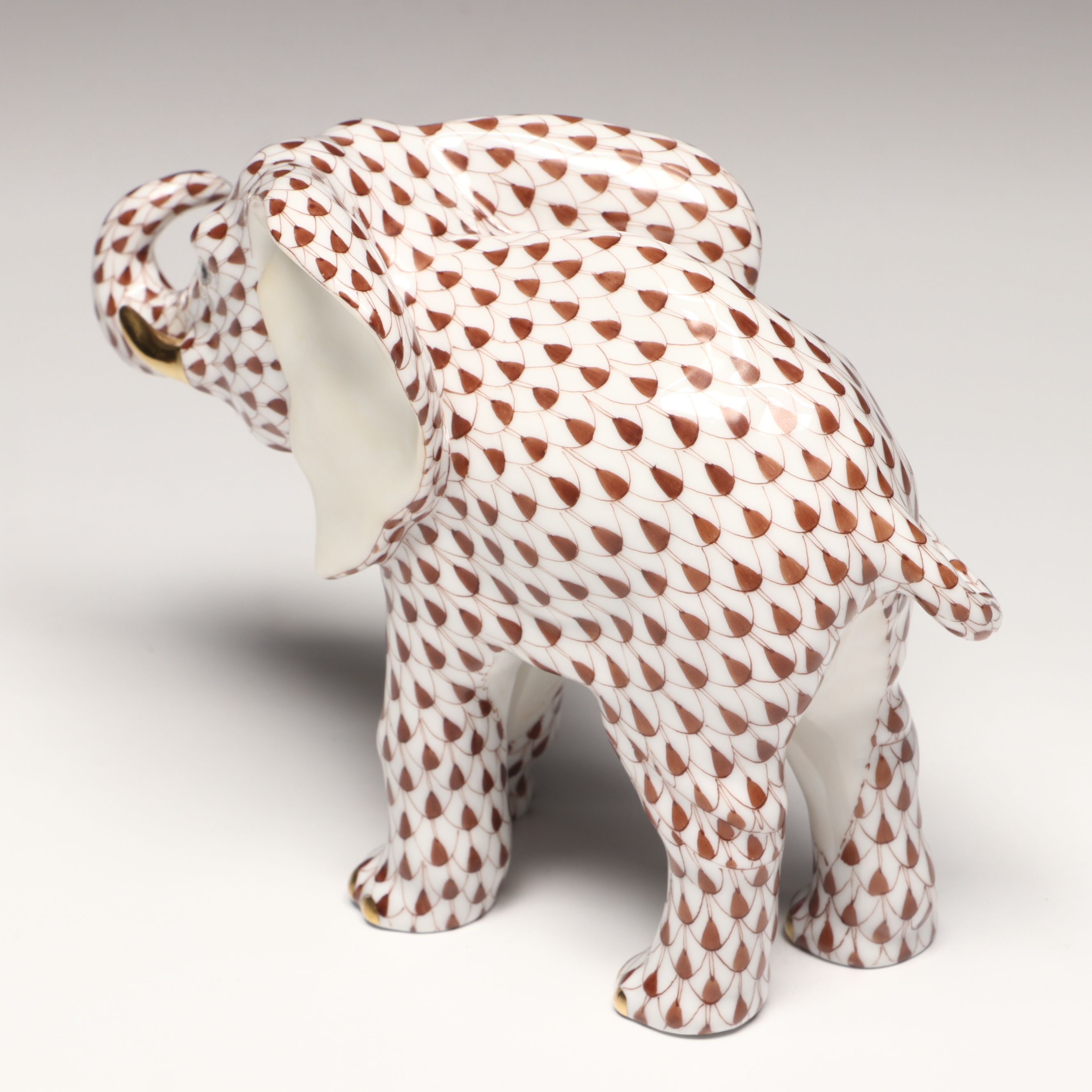 Herend Chocolate Fishnet with Gold "Roaming Elephant" Porcelain Figurine
