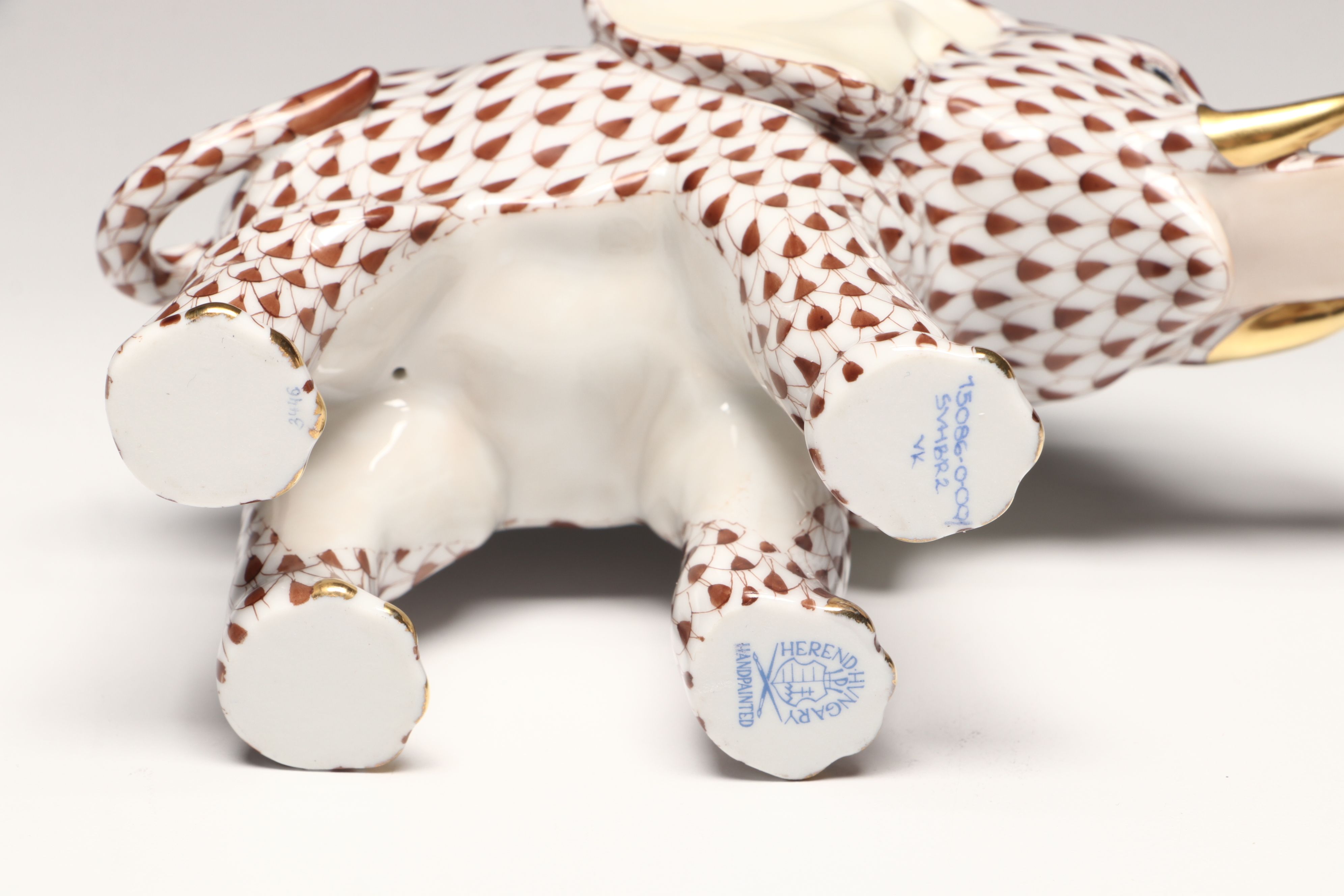 Herend Chocolate Fishnet with Gold "Roaming Elephant" Porcelain Figurine