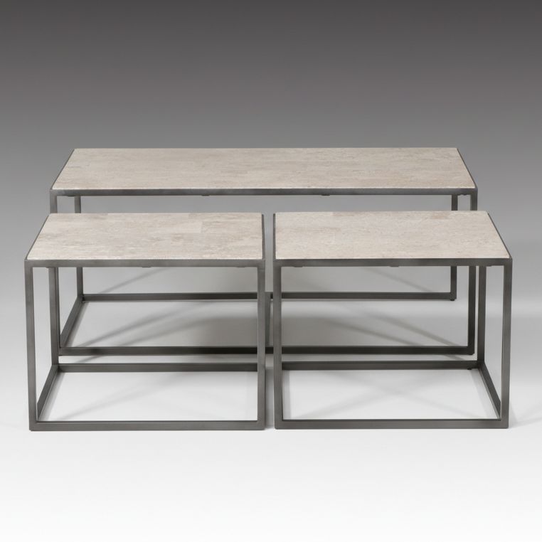 Contemporary Patinated Steel Coffee Table & End Tables with Travertine Tops