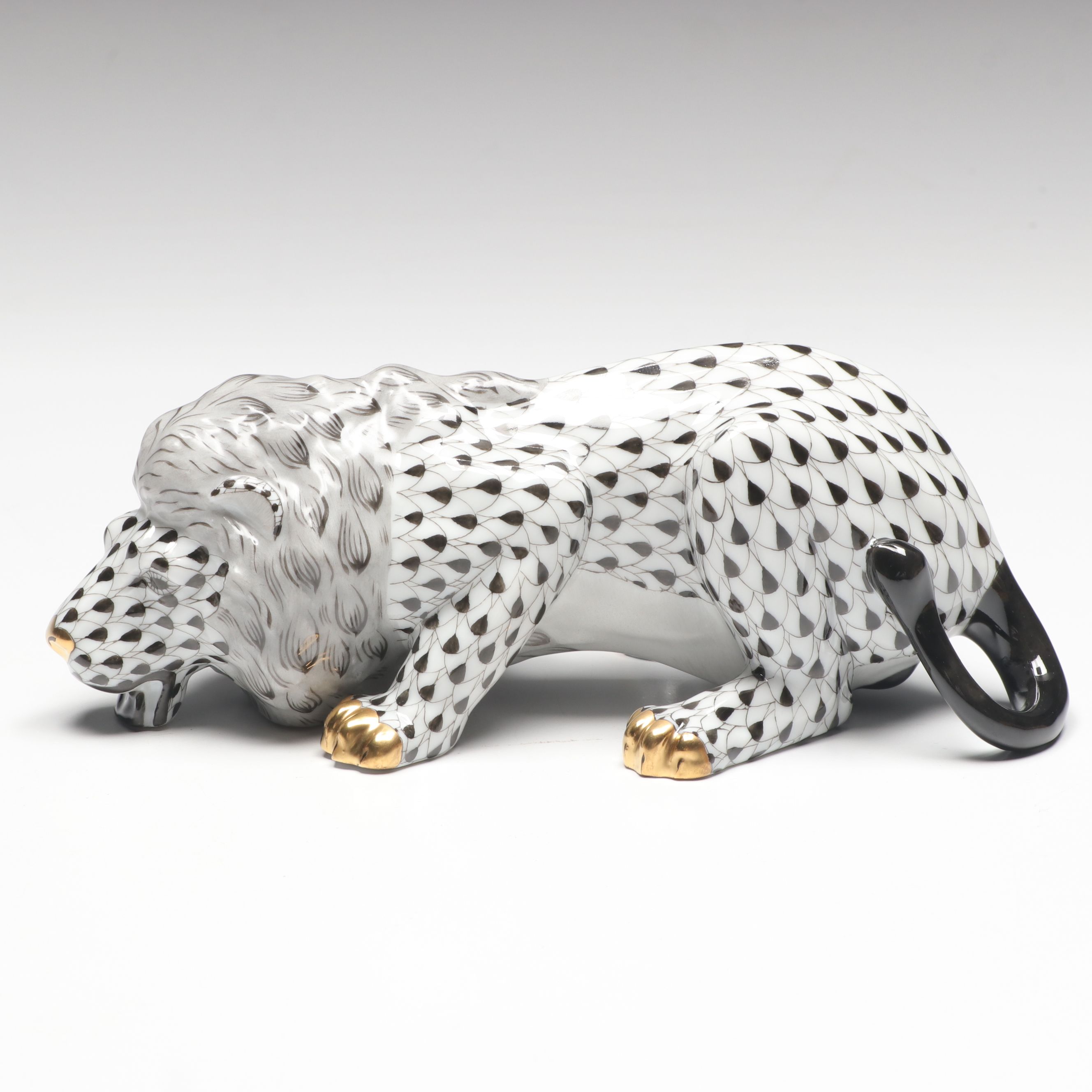 Herend Black Fishnet with Gold "Lion" Porcelain Figurine