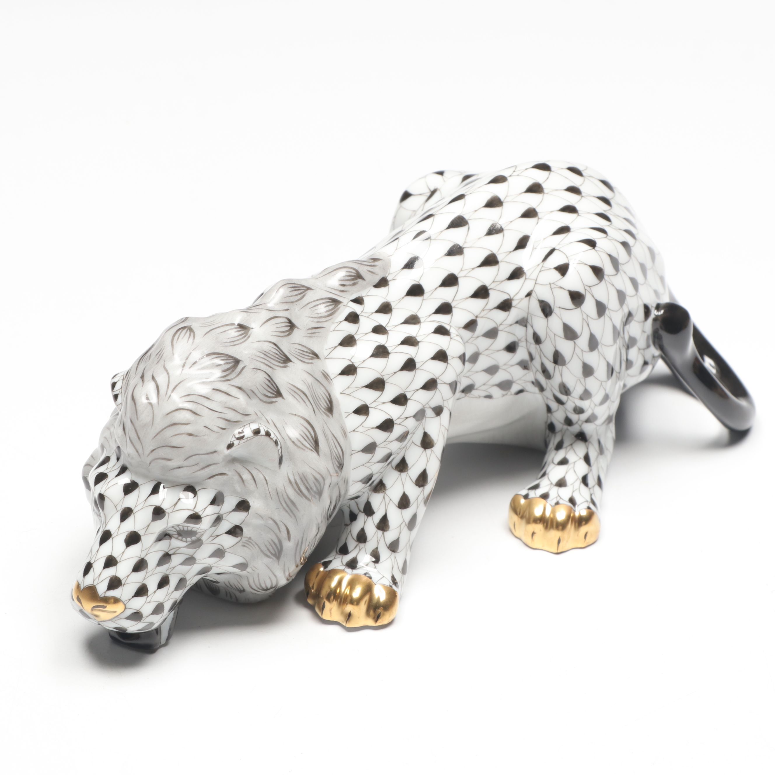 Herend Black Fishnet with Gold "Lion" Porcelain Figurine