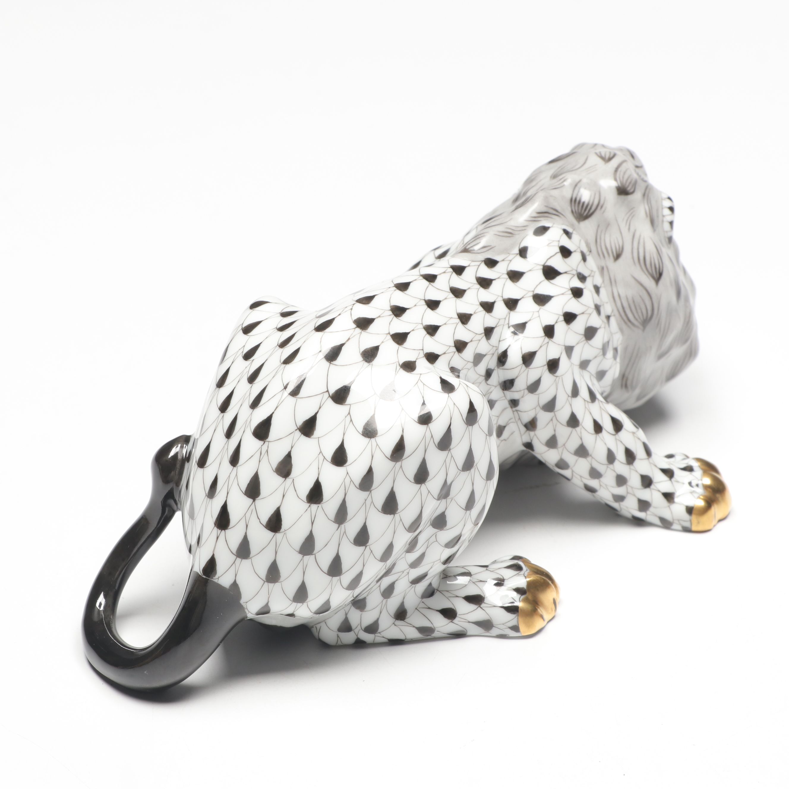 Herend Black Fishnet with Gold "Lion" Porcelain Figurine