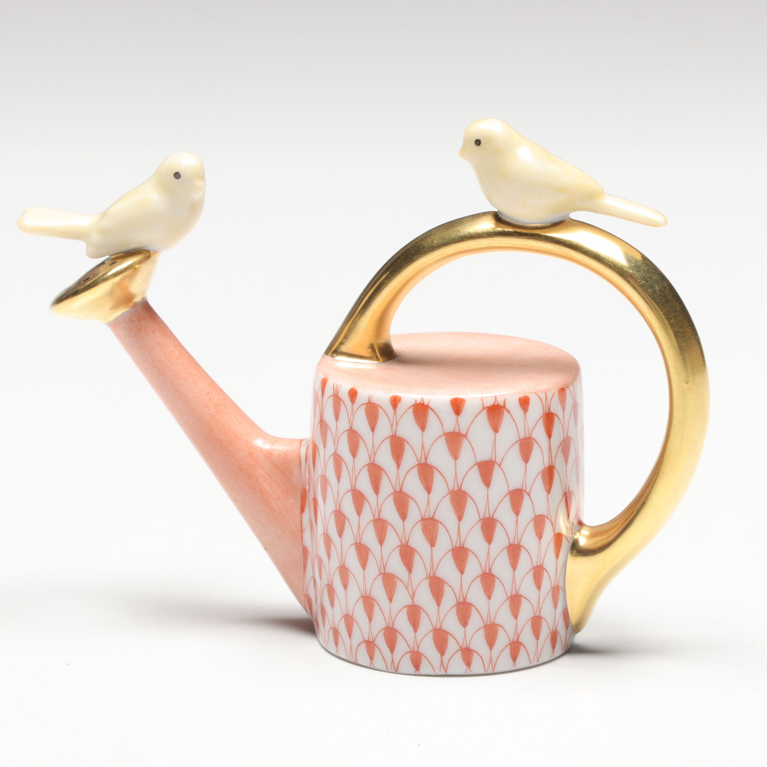 Herend Rust Fishnet with Gold "Watering Can with Birds" Porcelain Figurine