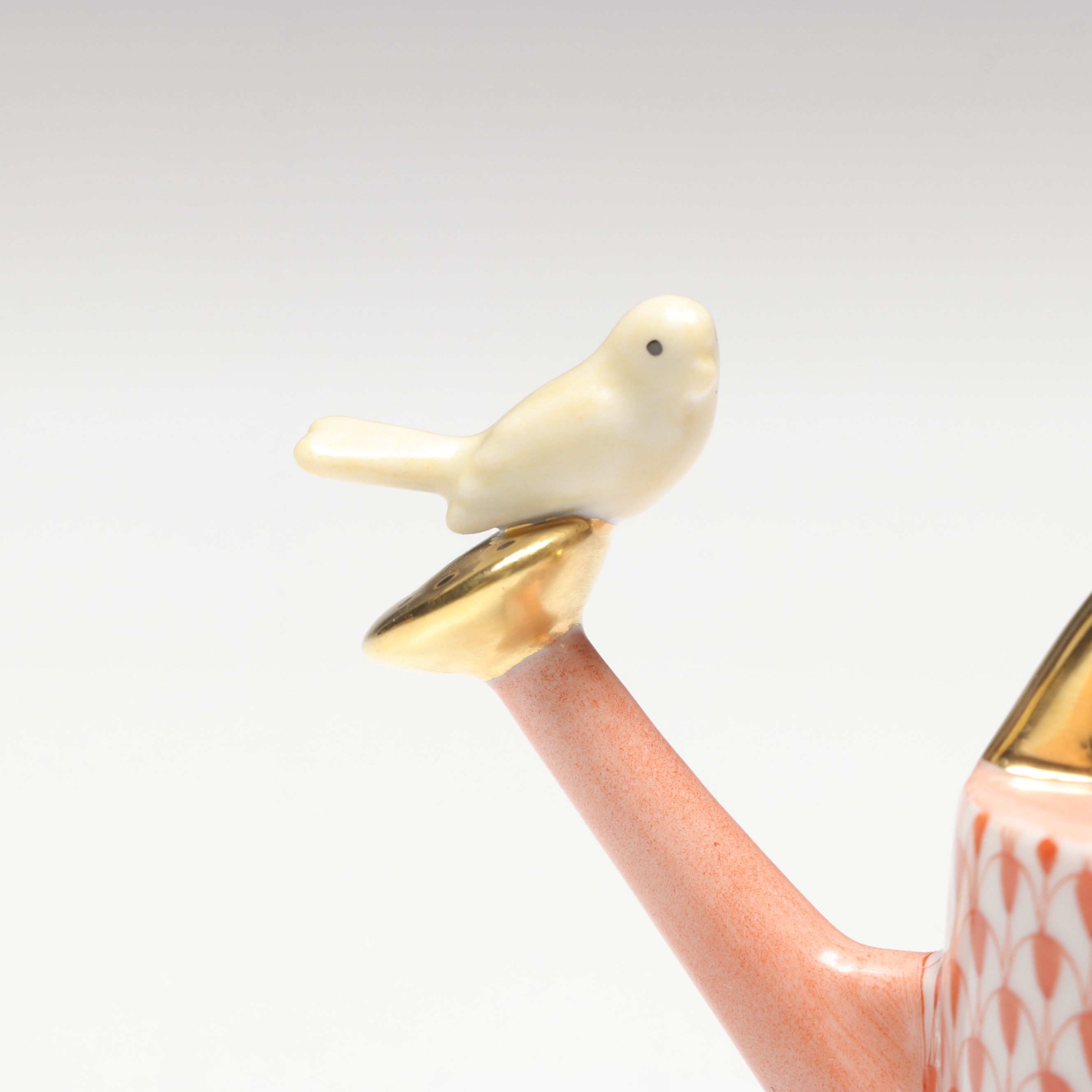 Herend Rust Fishnet with Gold "Watering Can with Birds" Porcelain Figurine