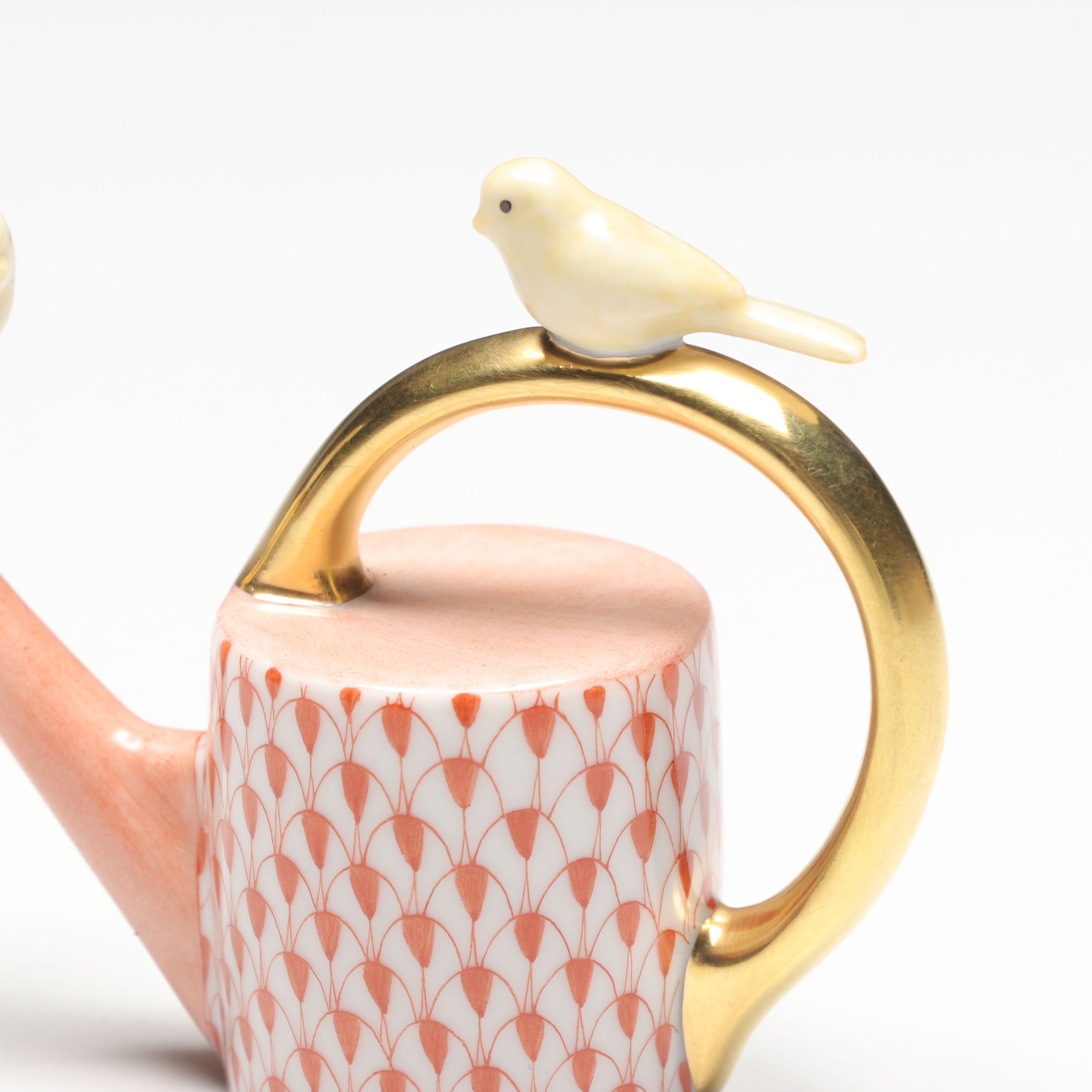 Herend Rust Fishnet with Gold "Watering Can with Birds" Porcelain Figurine