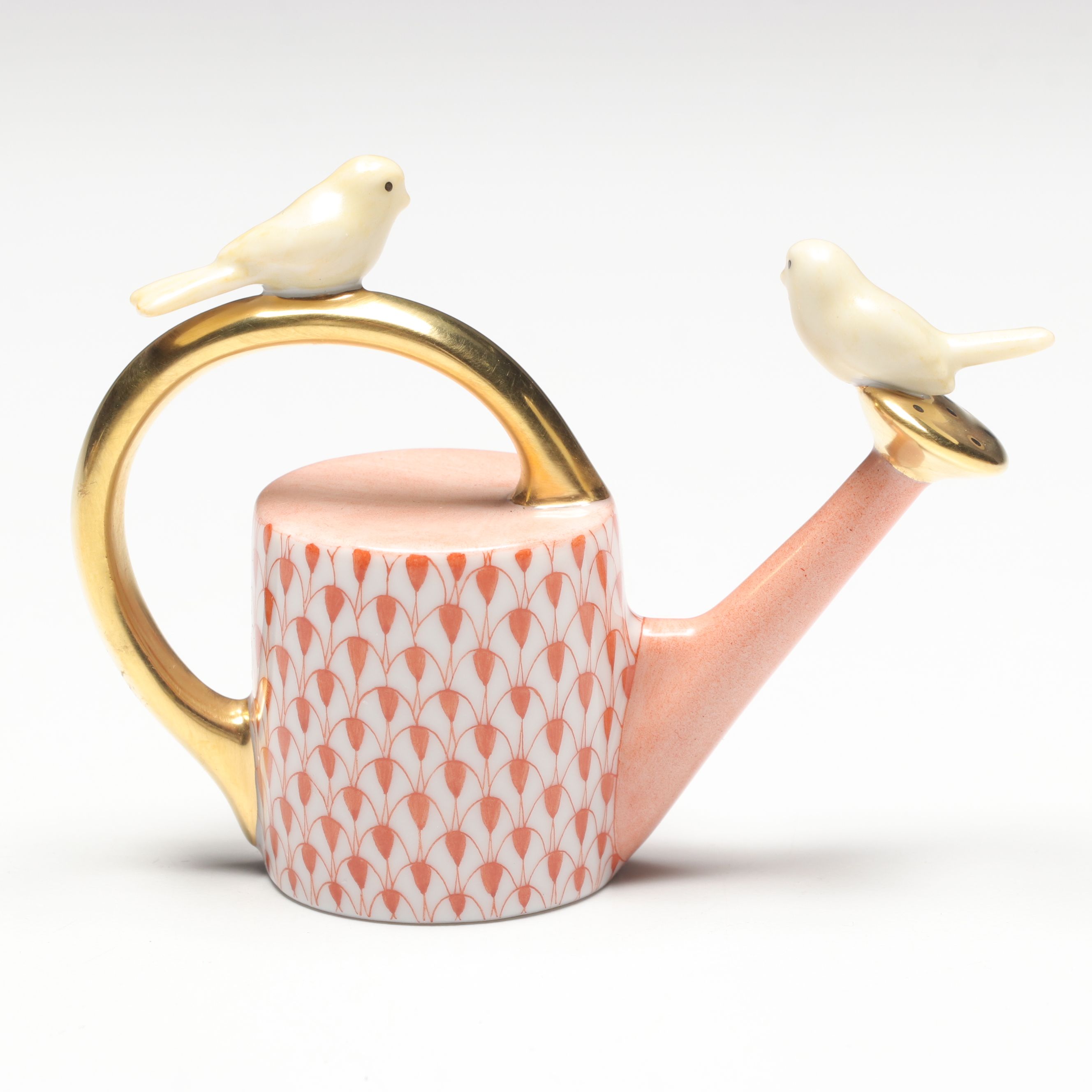 Herend Rust Fishnet with Gold "Watering Can with Birds" Porcelain Figurine