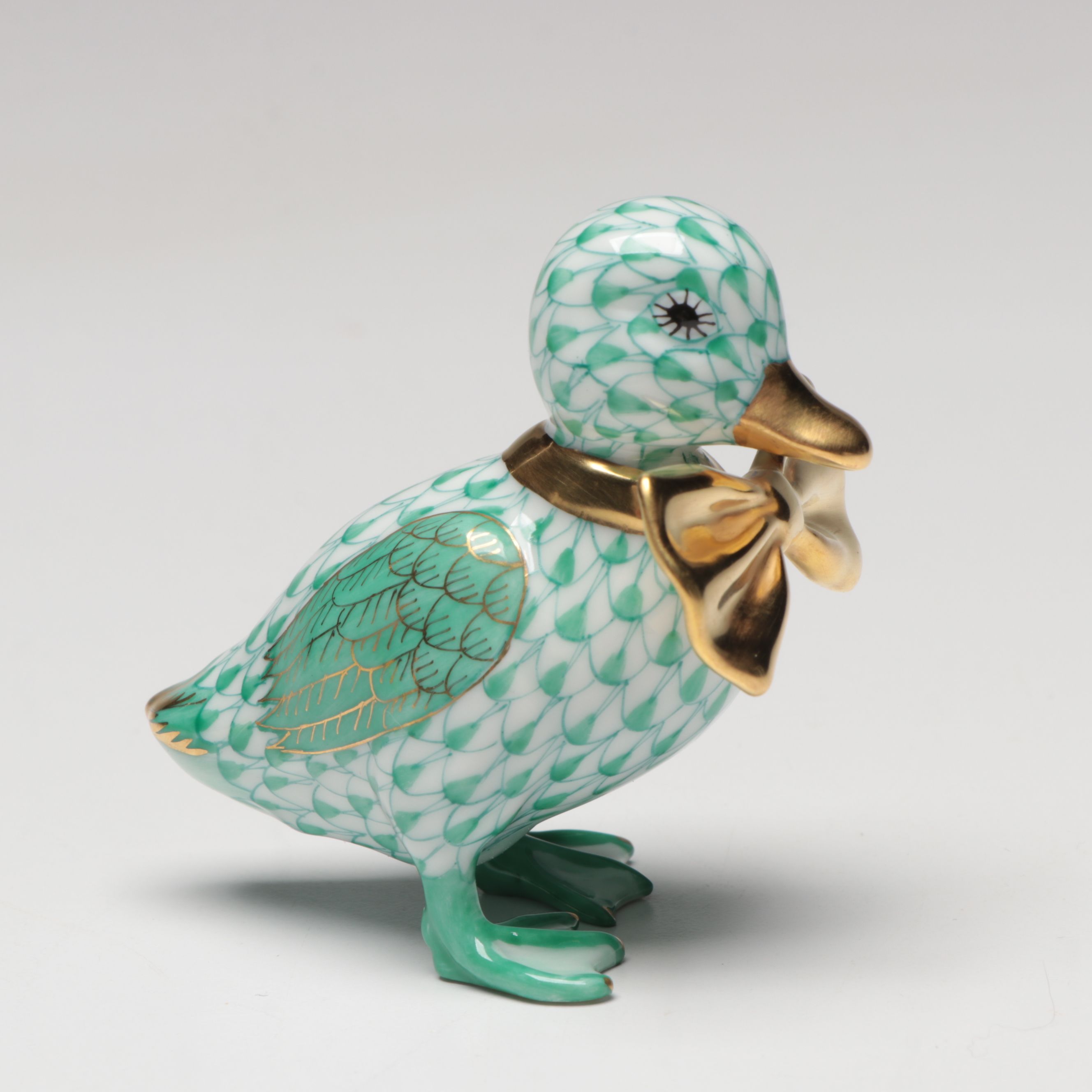 Herend Green Fishnet with Gold "Dashing Duckling" Porcelain Figurine