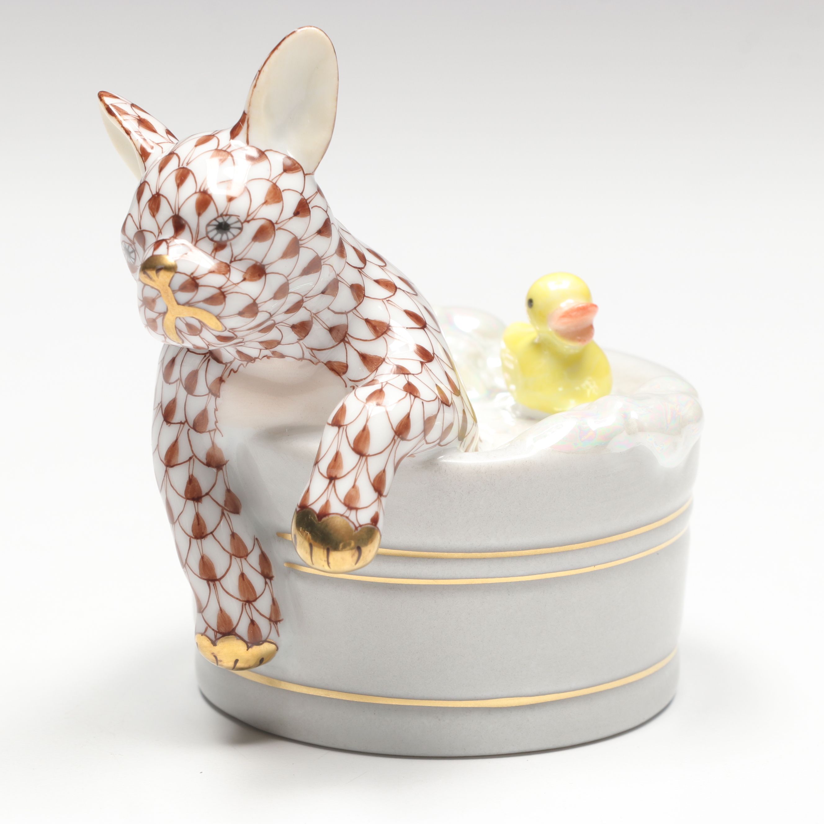 Herend Chocolate Fishnet with Gold "Squeaky Clean" Porcelain Figurine