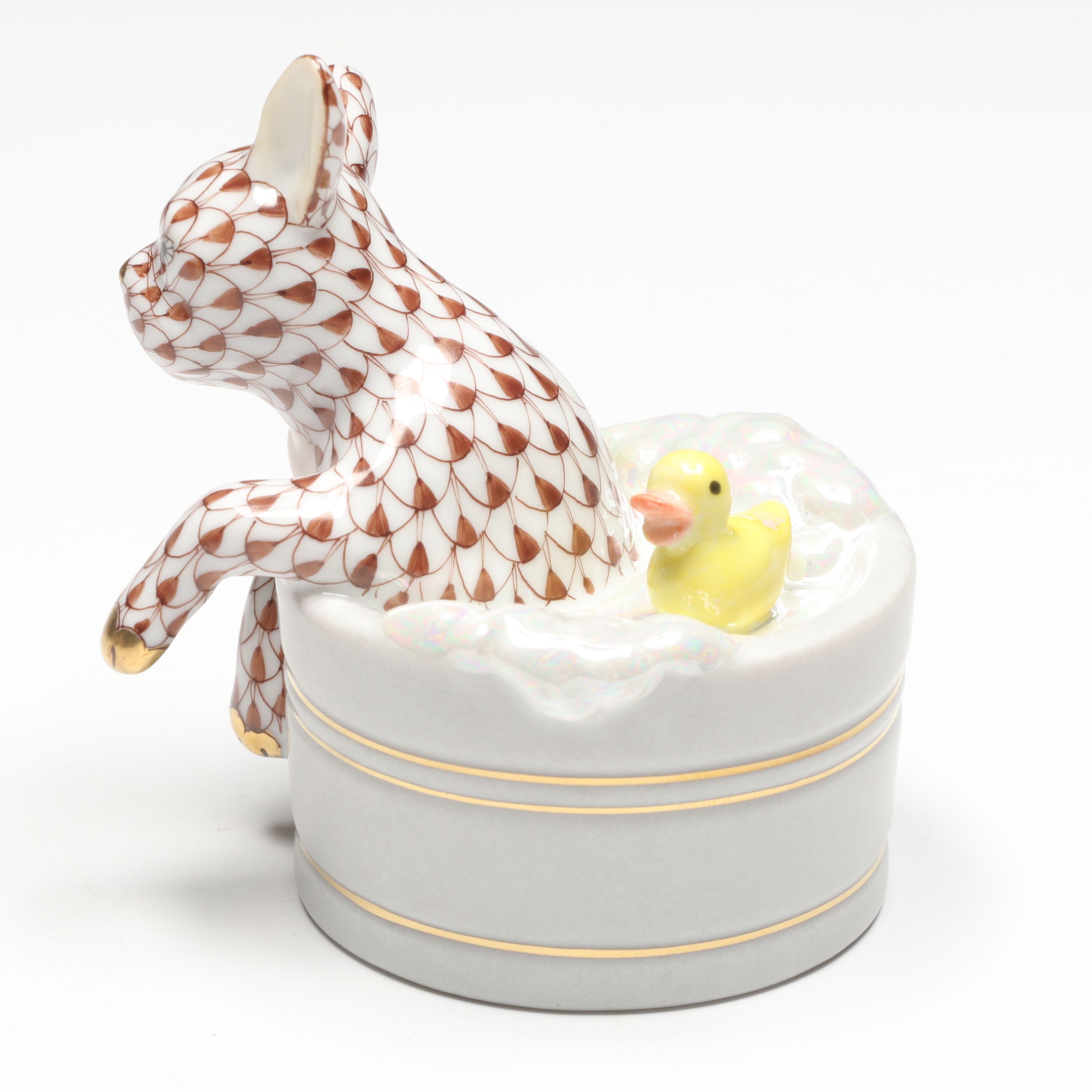 Herend Chocolate Fishnet with Gold "Squeaky Clean" Porcelain Figurine