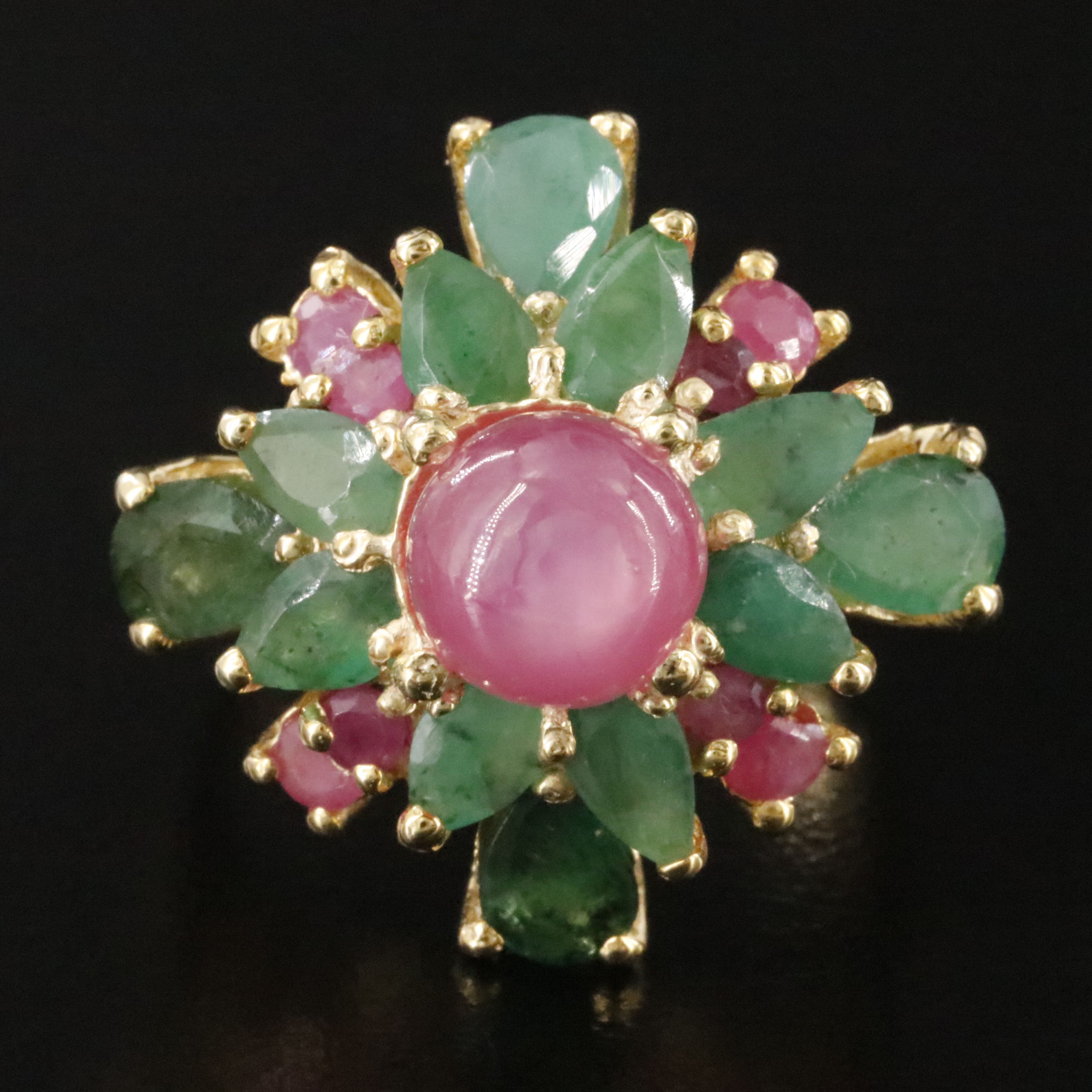Sterling Emerald and Ruby Cluster Ring
