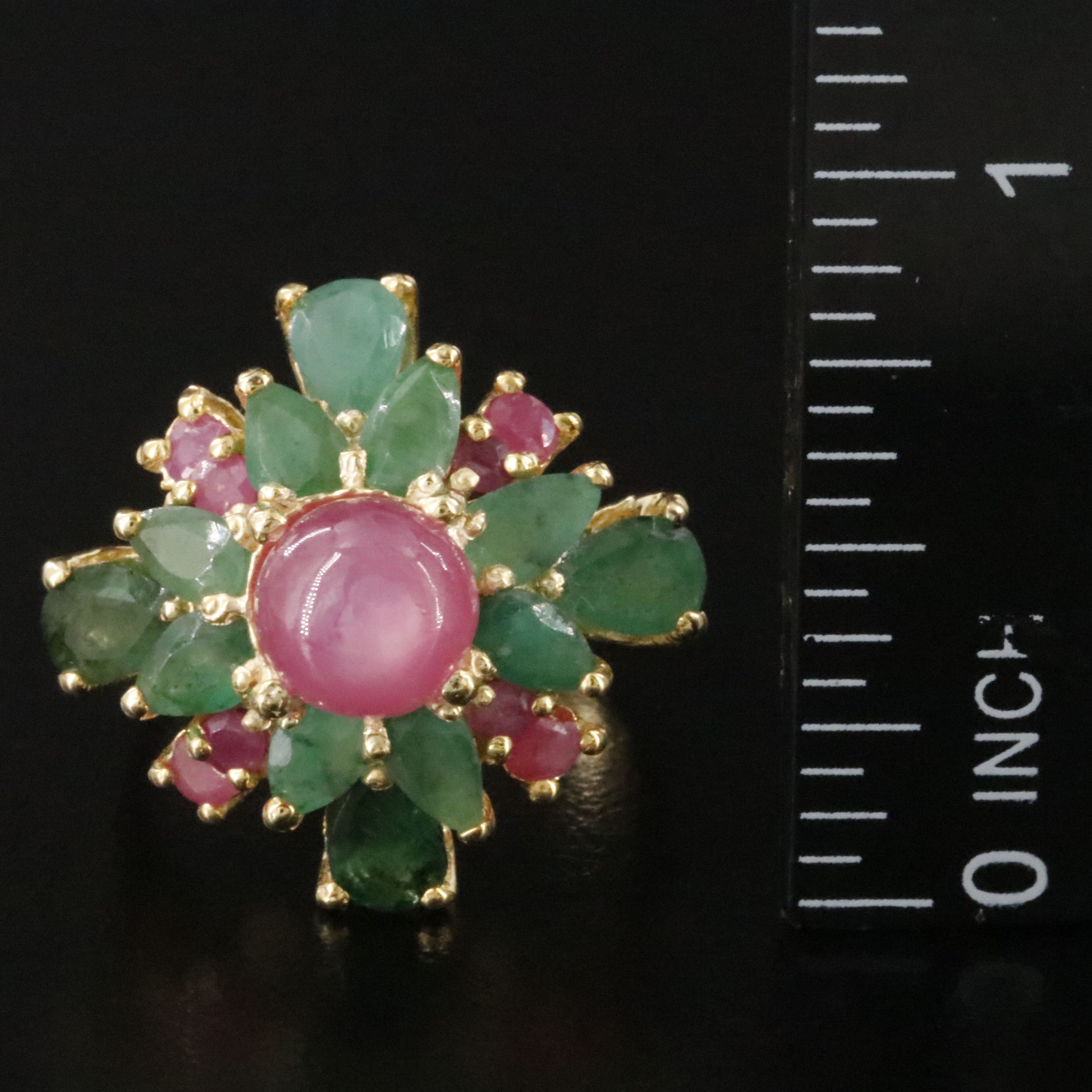 Sterling Emerald and Ruby Cluster Ring