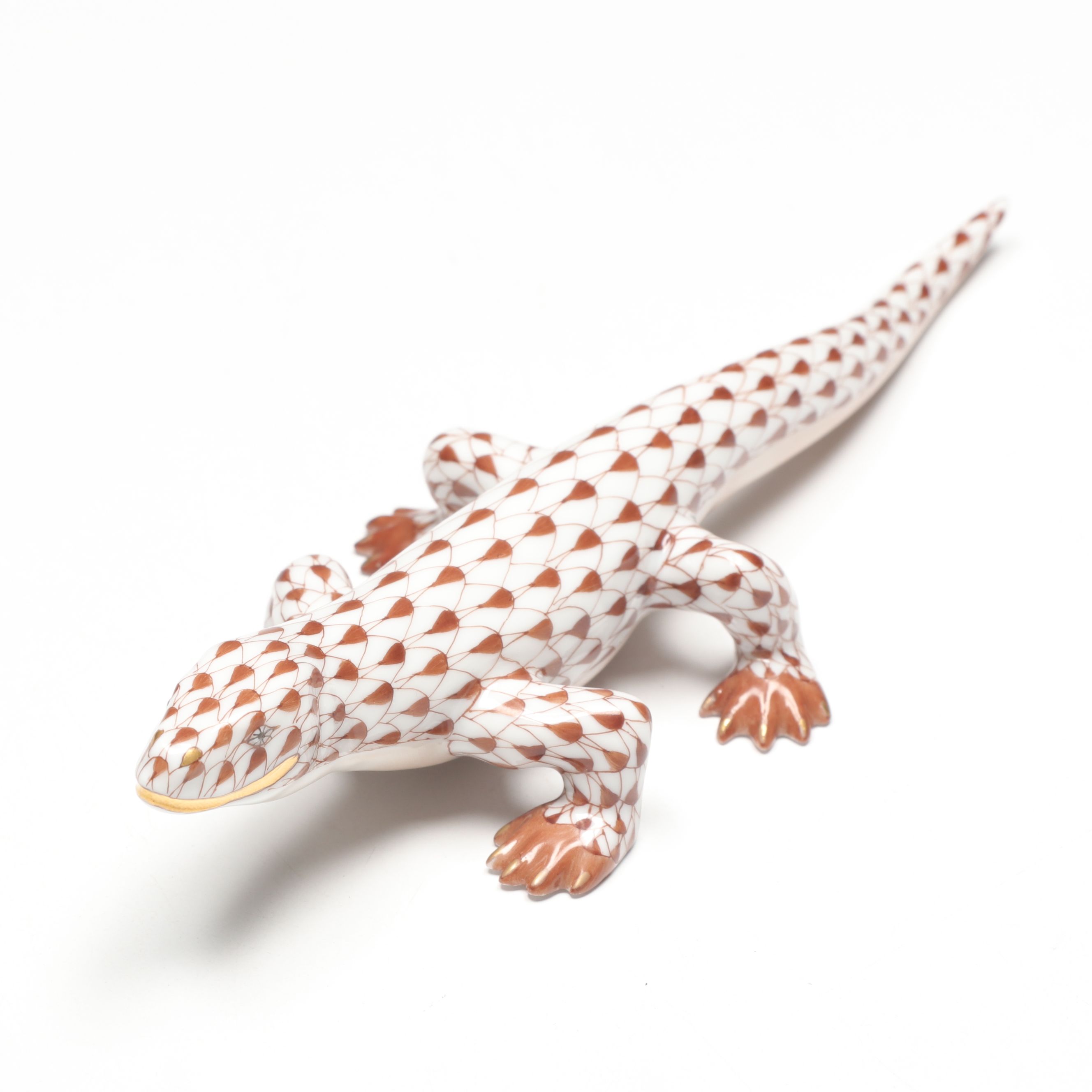 Herend Chocolate Fishnet with Gold “Komodo Dragon” Porcelain Figurine