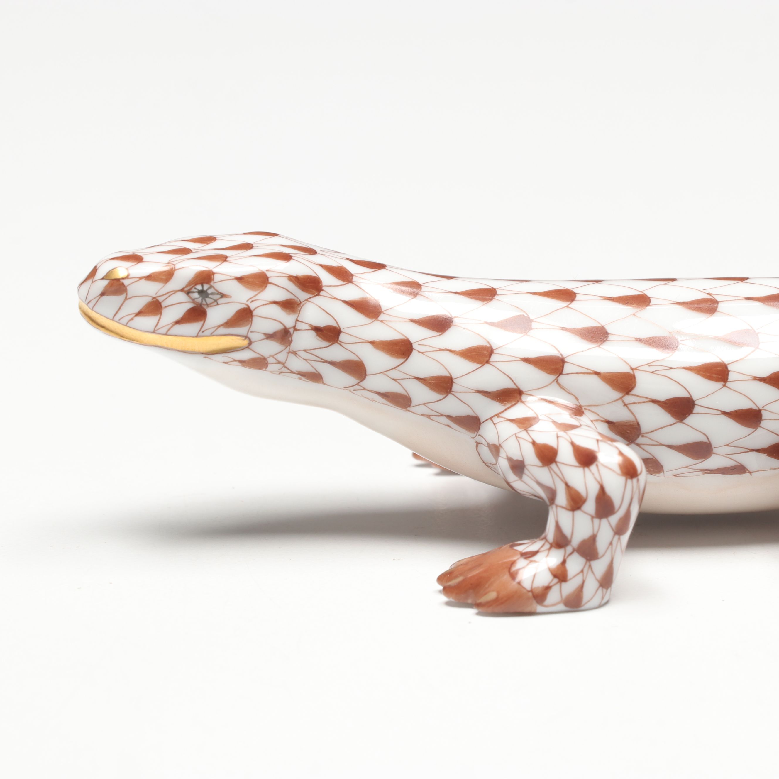 Herend Chocolate Fishnet with Gold “Komodo Dragon” Porcelain Figurine