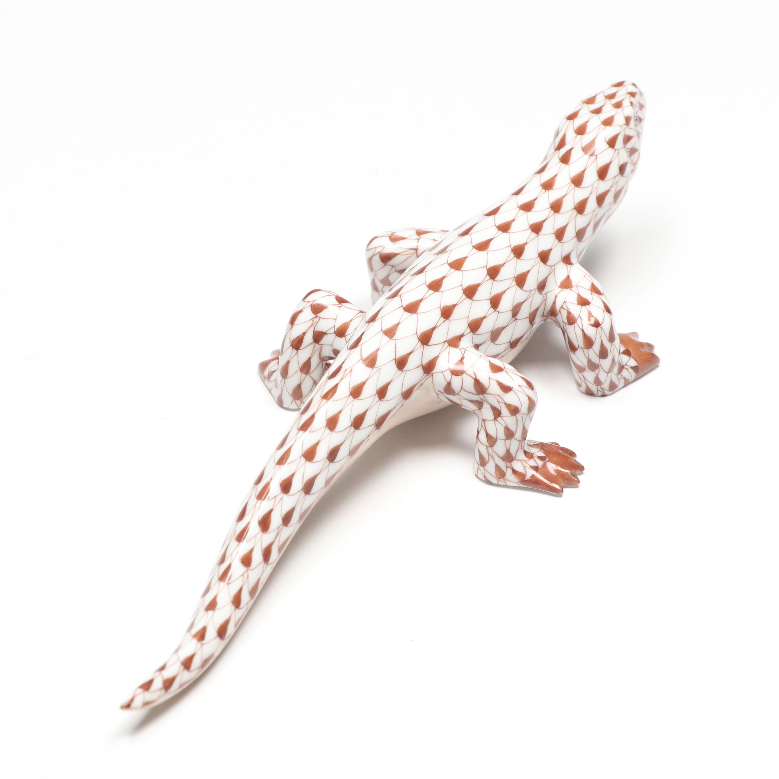 Herend Chocolate Fishnet with Gold “Komodo Dragon” Porcelain Figurine