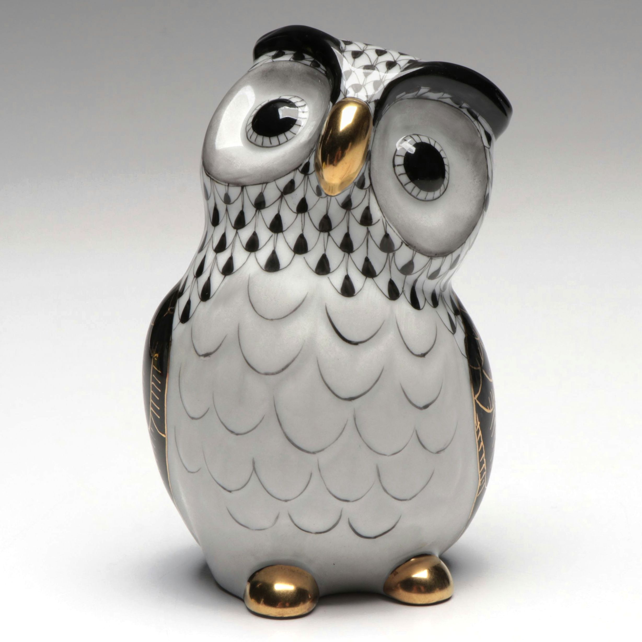 Herend Black Fishnet with Gold “Owl” Porcelain Figurine