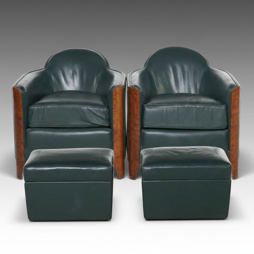 Pair of Manheim-Weitz Art Deco Style "Ruhlmann" Leather and Burl Club Chairs