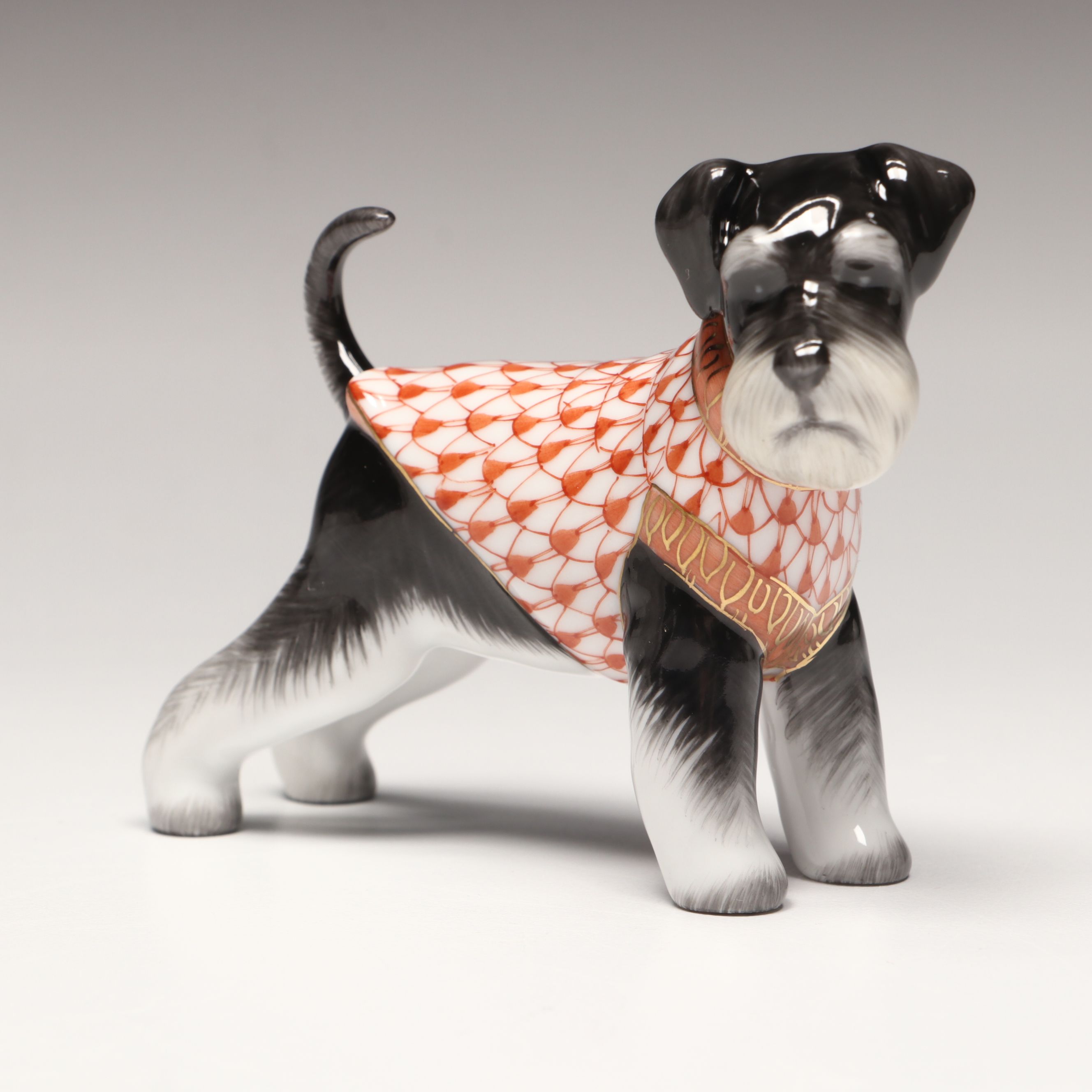 Herend Rust Fishnet with Gold “Schnauzer” Porcelain Figurine