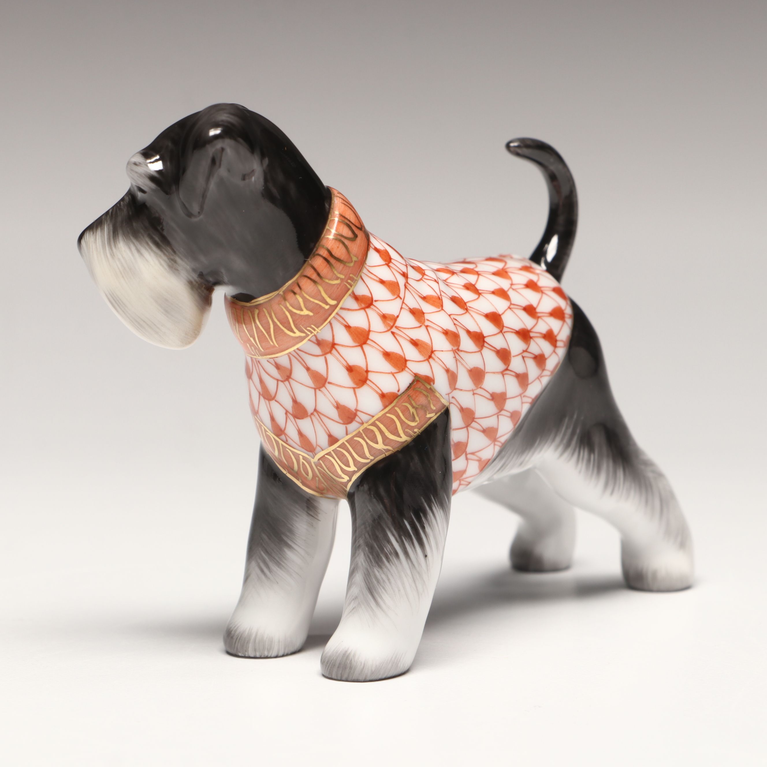 Herend Rust Fishnet with Gold “Schnauzer” Porcelain Figurine