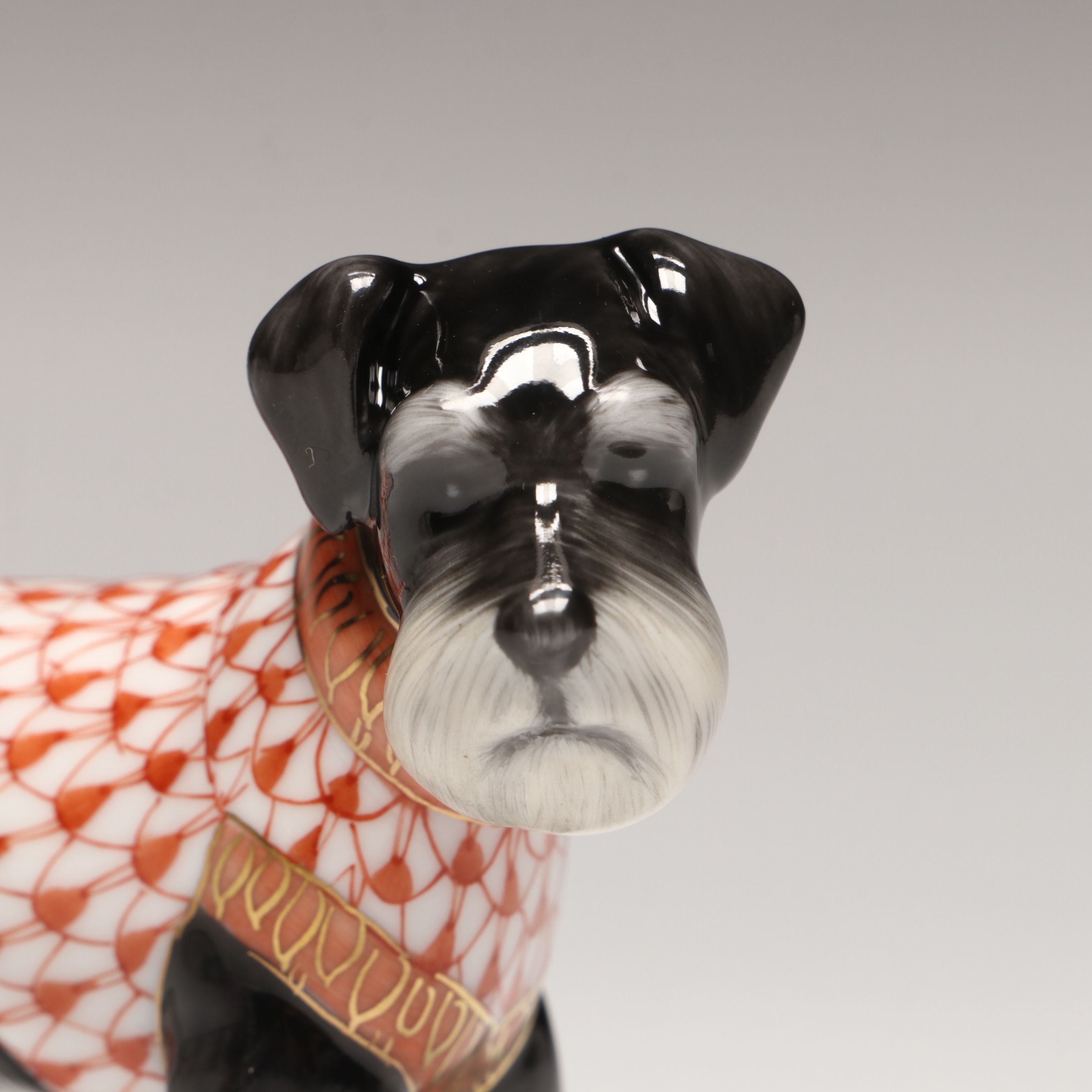 Herend Rust Fishnet with Gold “Schnauzer” Porcelain Figurine