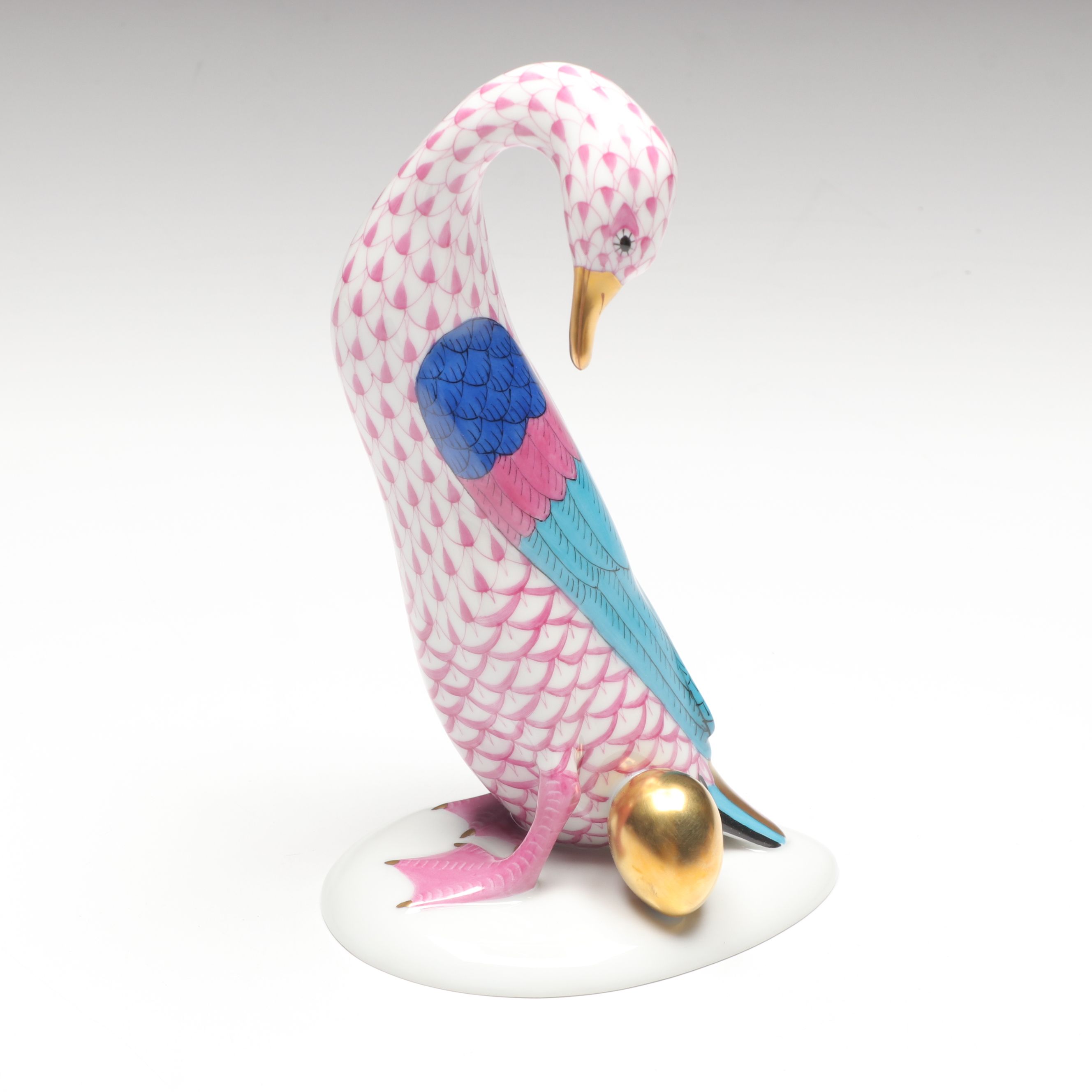 Herend Raspberry Fishnet with Gold “Goose with Golden Egg” Porcelain Figurine