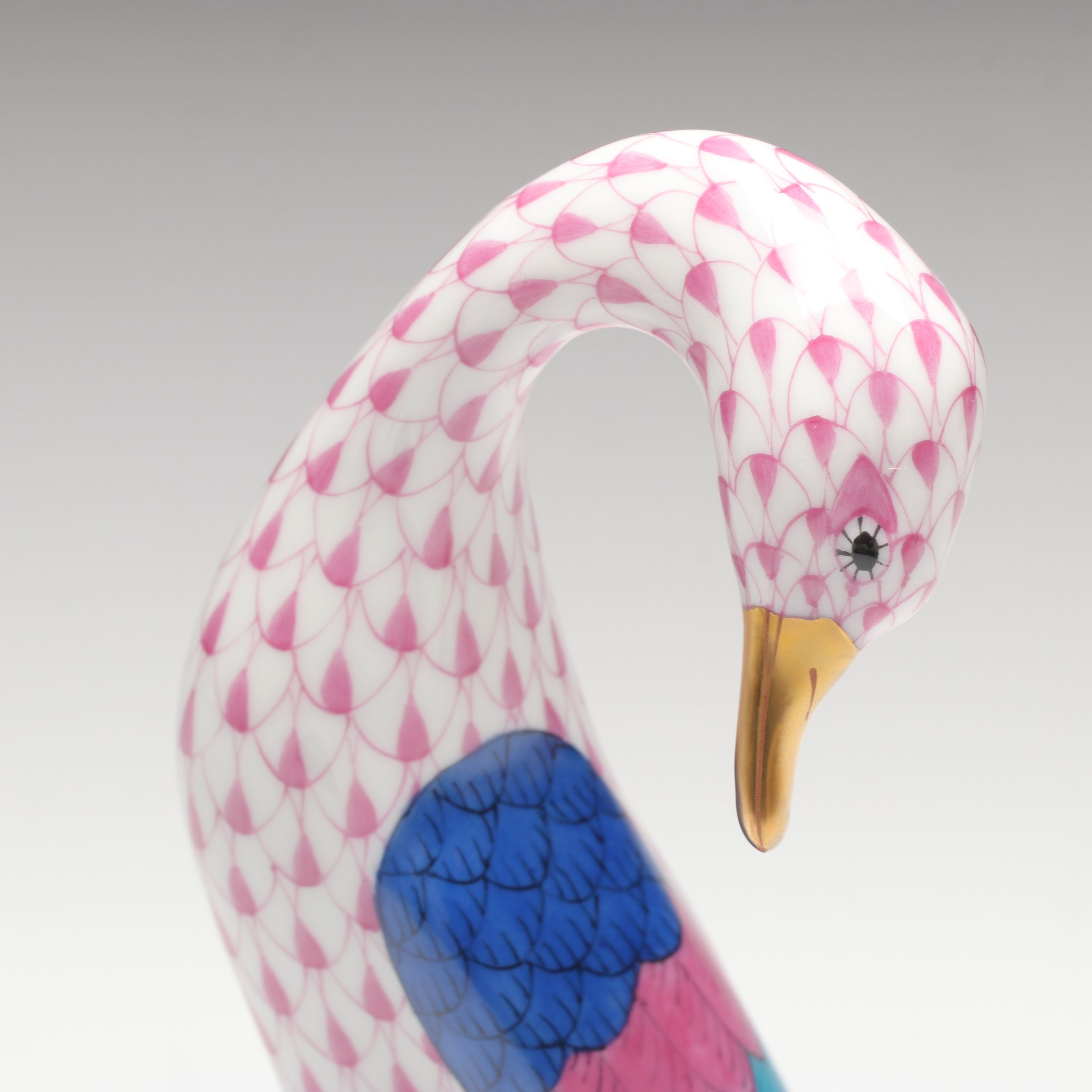 Herend Raspberry Fishnet with Gold “Goose with Golden Egg” Porcelain Figurine