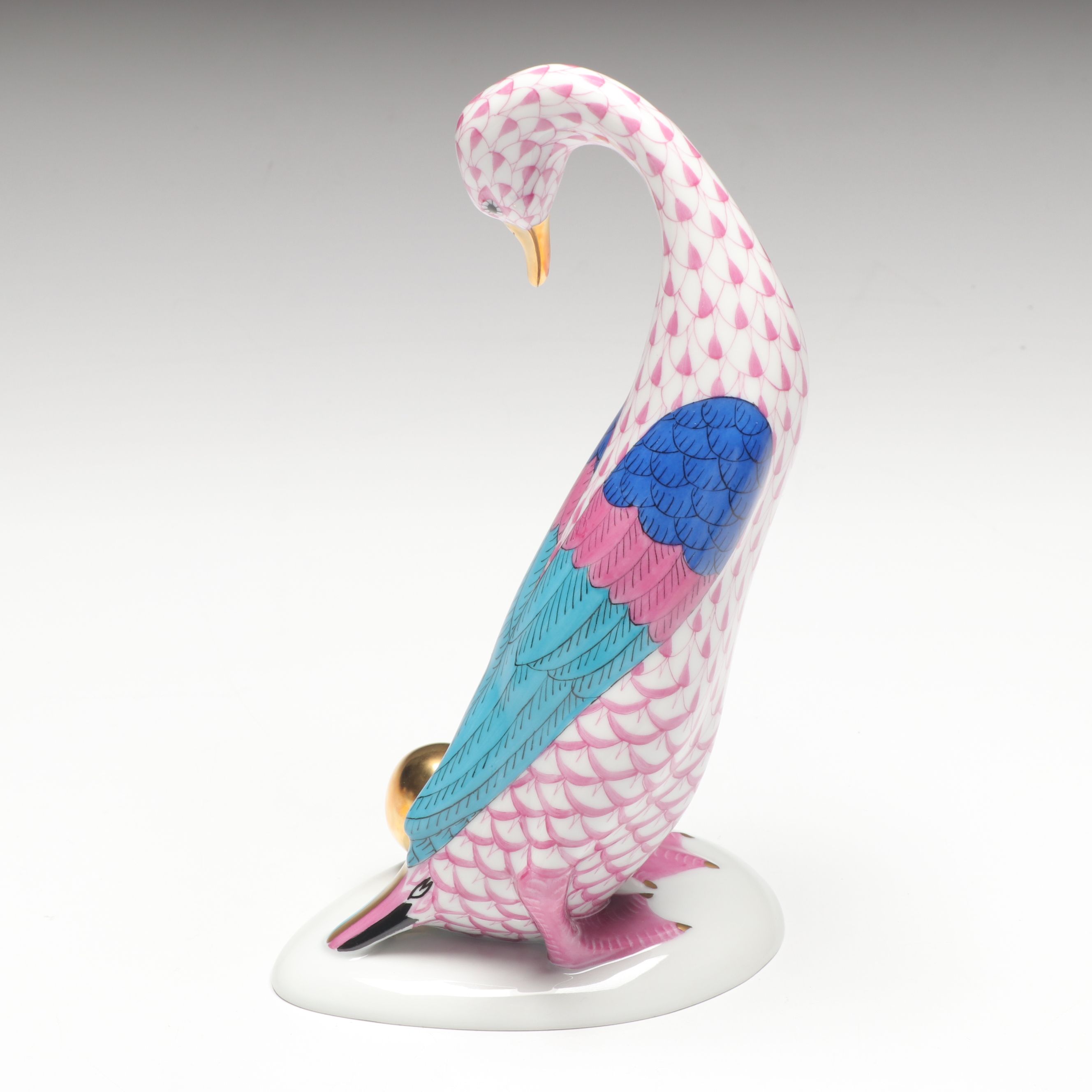 Herend Raspberry Fishnet with Gold “Goose with Golden Egg” Porcelain Figurine