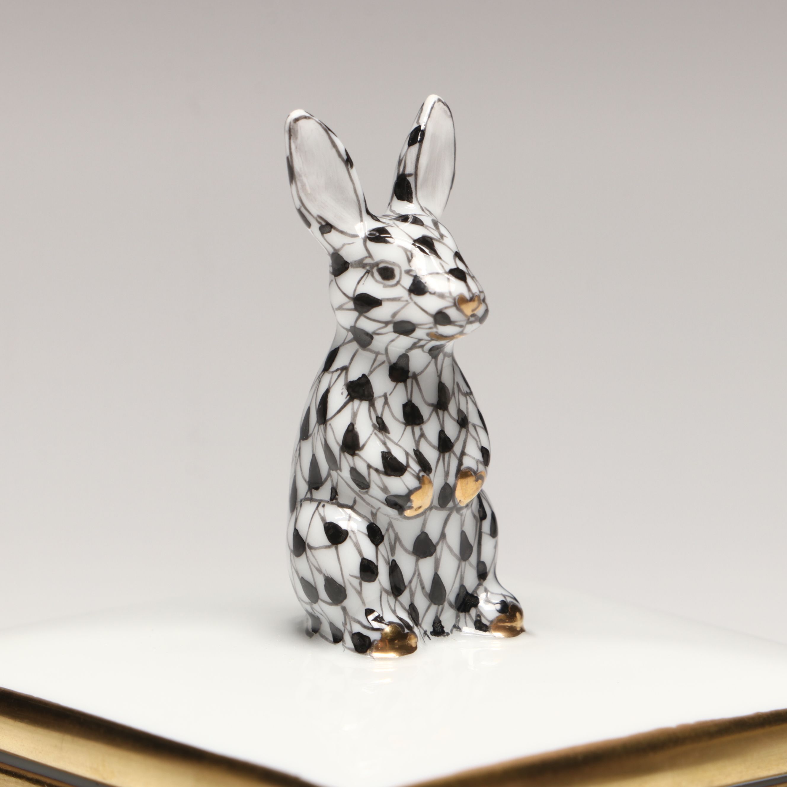 Herend Black Fishnet with Gold Porcelain "Bunny Box"