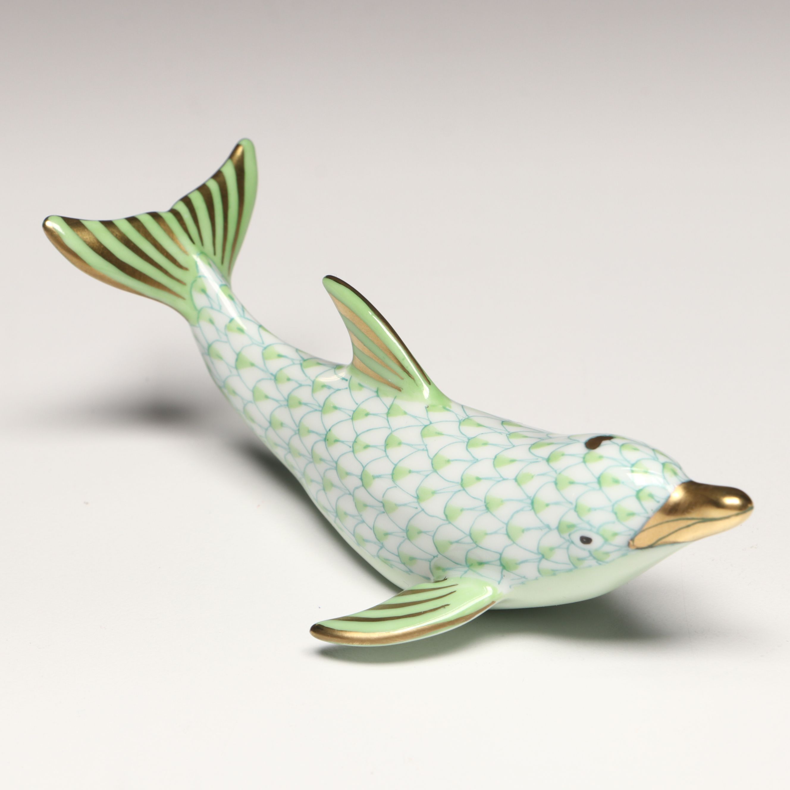 Herend Key Lime Fishnet with Gold "Playful Dolphin" Porcelain Figurine