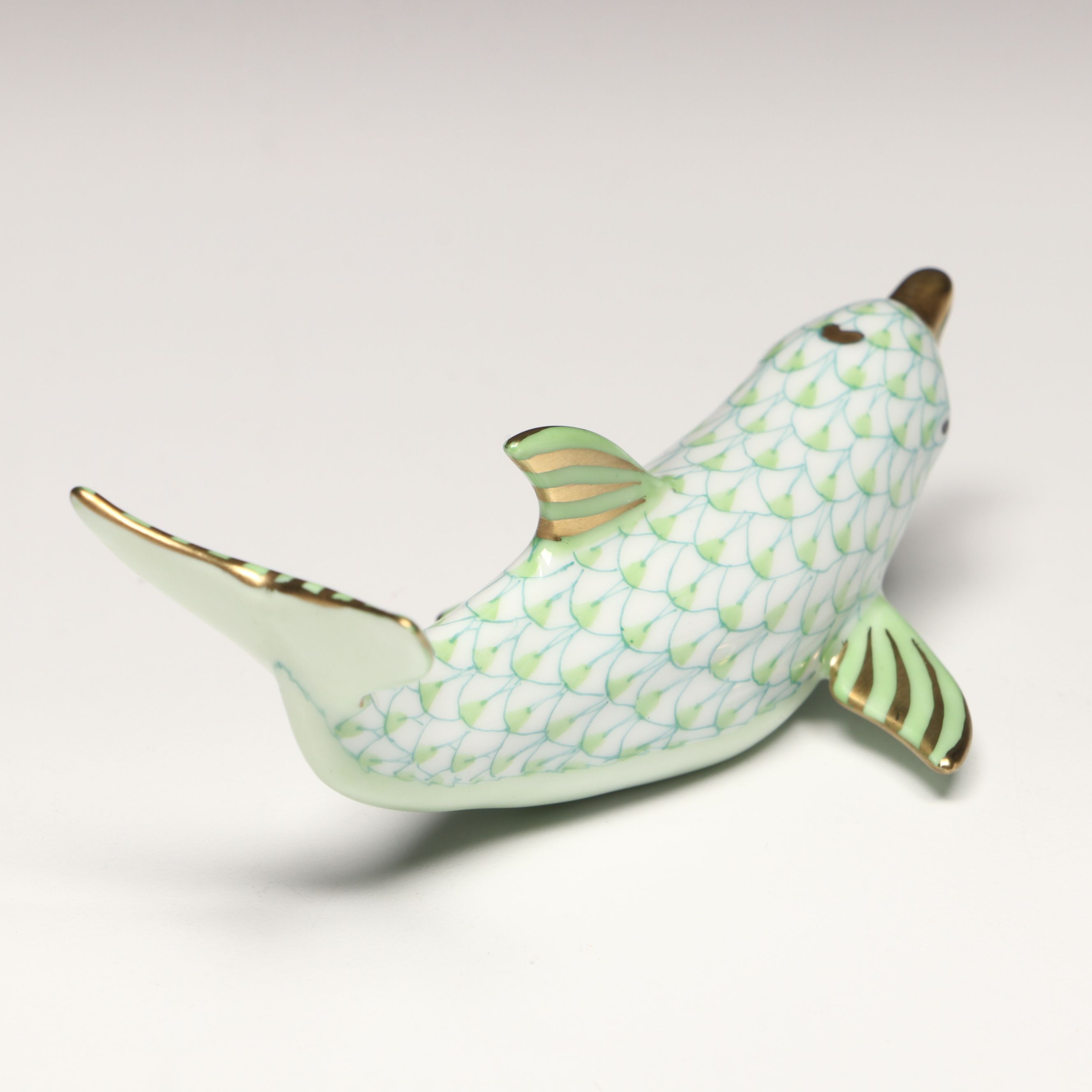 Herend Key Lime Fishnet with Gold "Playful Dolphin" Porcelain Figurine