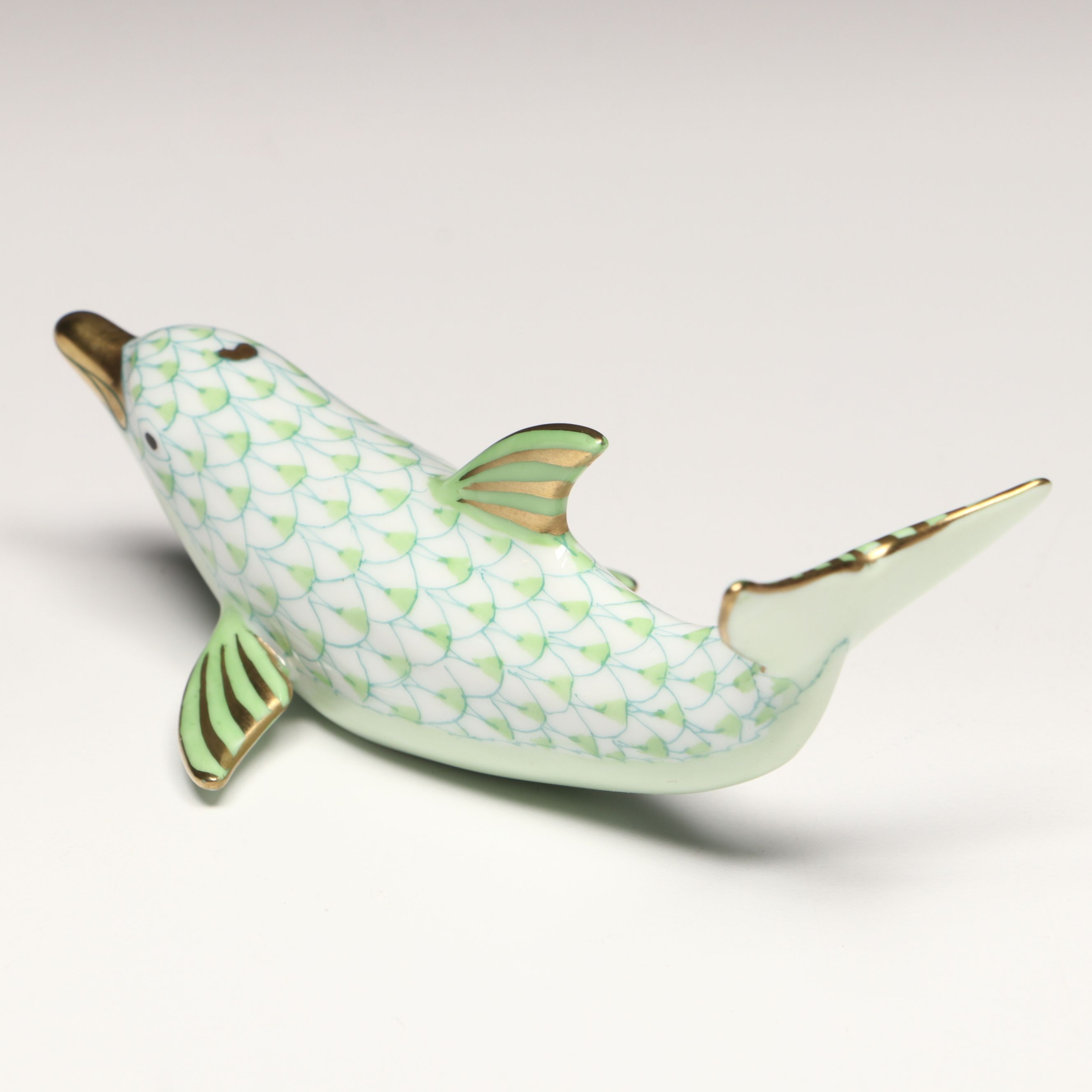 Herend Key Lime Fishnet with Gold "Playful Dolphin" Porcelain Figurine