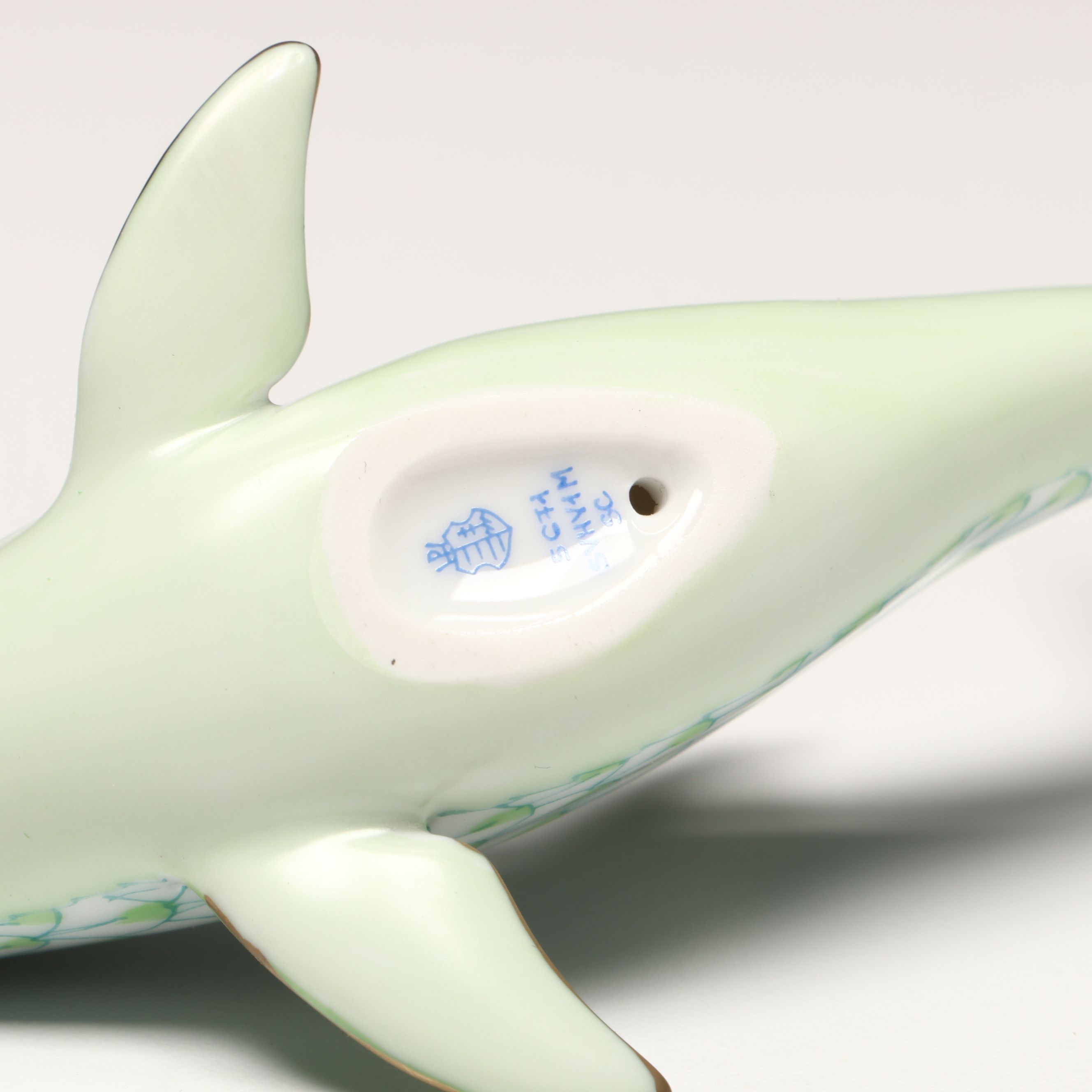 Herend Key Lime Fishnet with Gold "Playful Dolphin" Porcelain Figurine