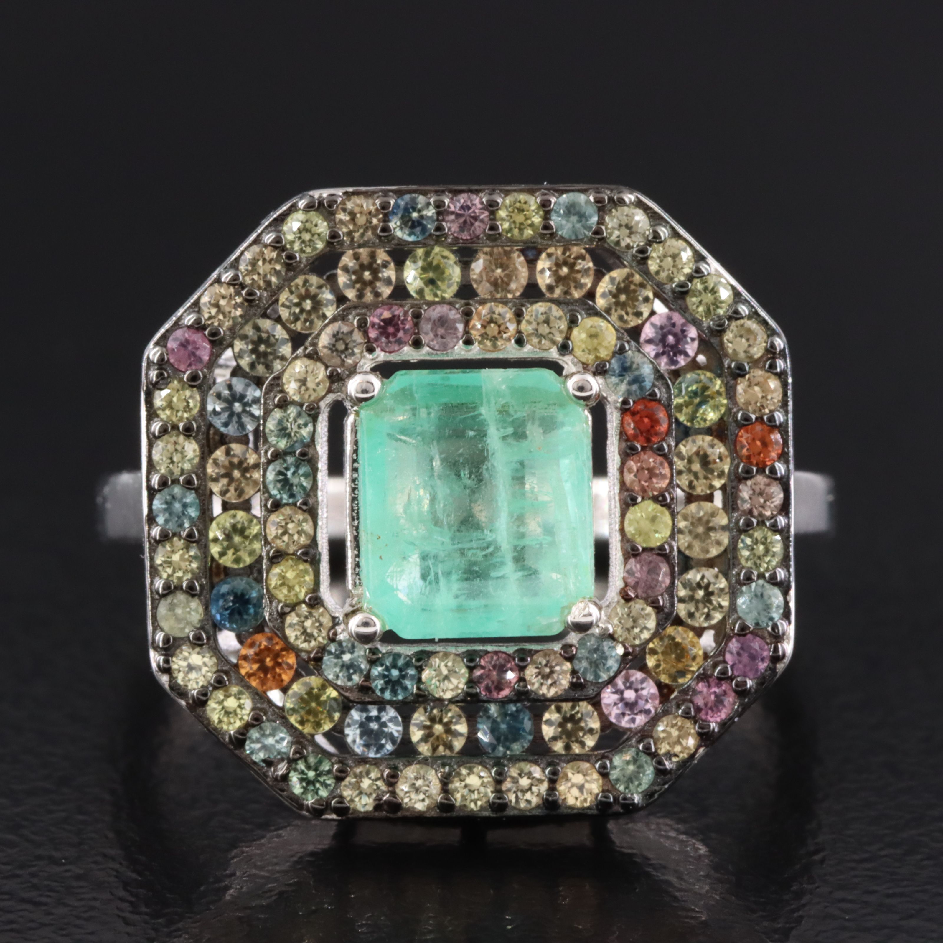 Sterling Emerald and Sapphire Halo Ring