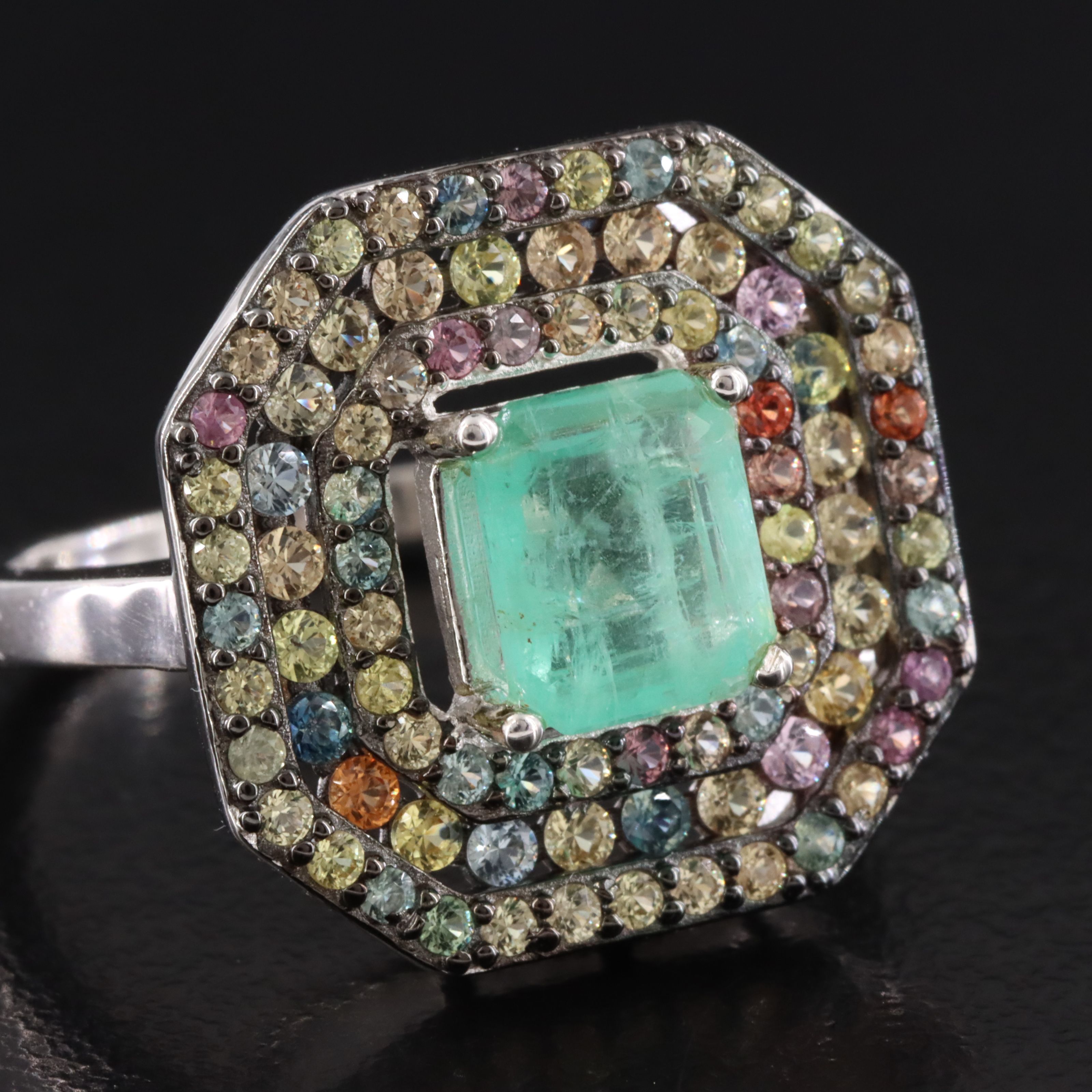 Sterling Emerald and Sapphire Halo Ring