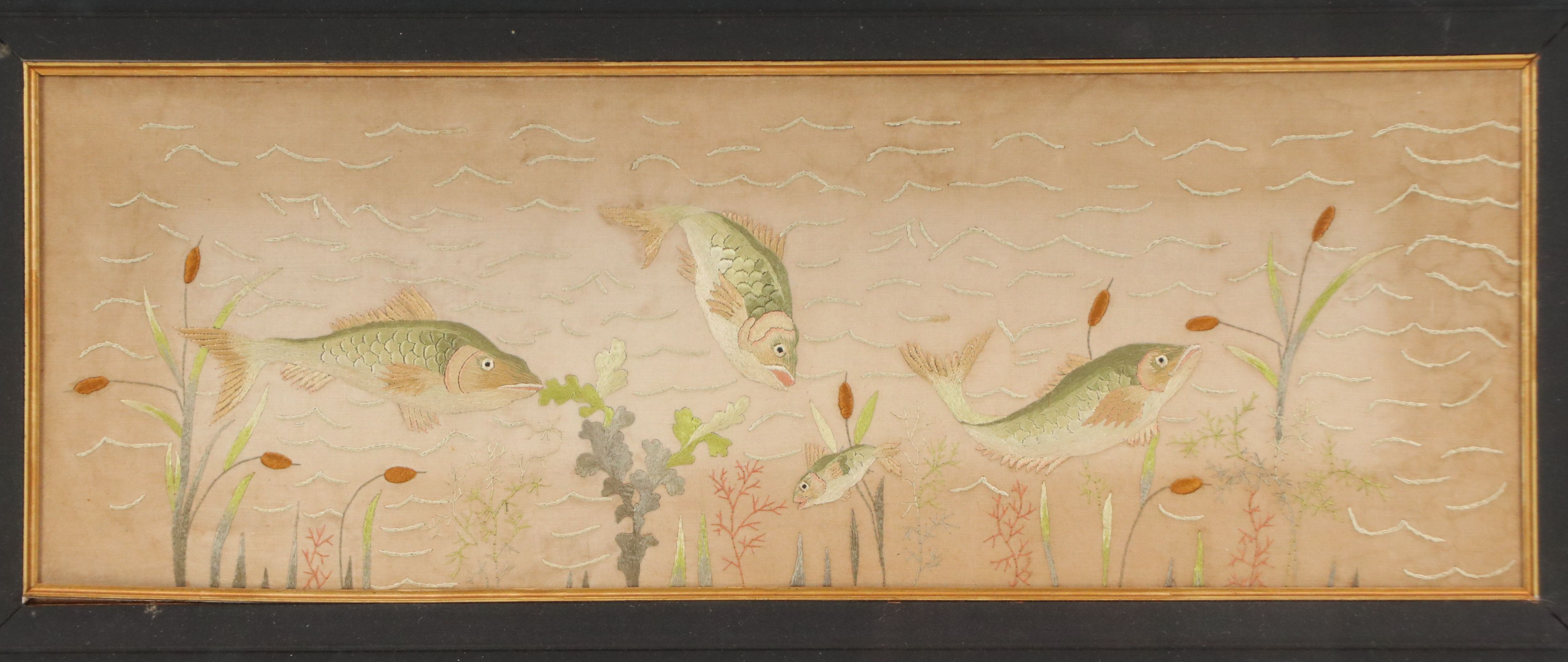 Hand-Embroidered Textile Panel of Fish in River, 20th Century