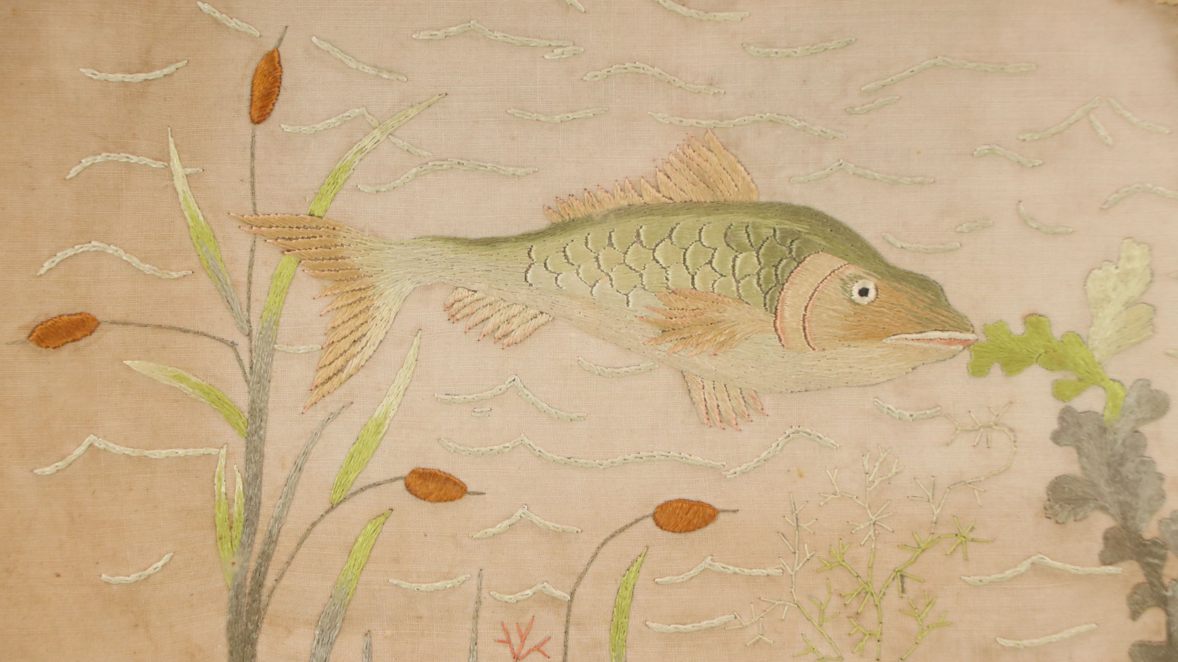 Hand-Embroidered Textile Panel of Fish in River, 20th Century