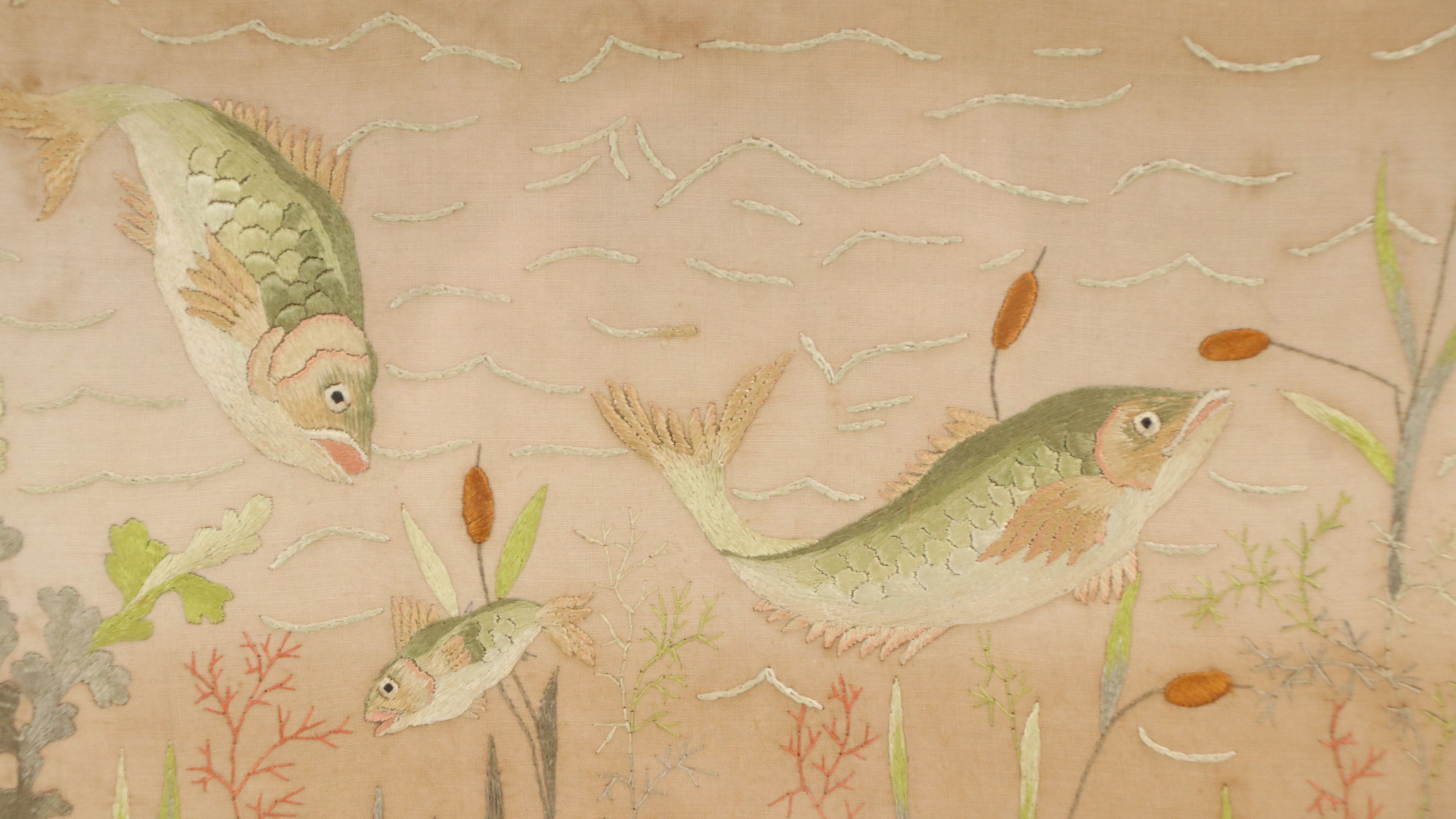 Hand-Embroidered Textile Panel of Fish in River, 20th Century