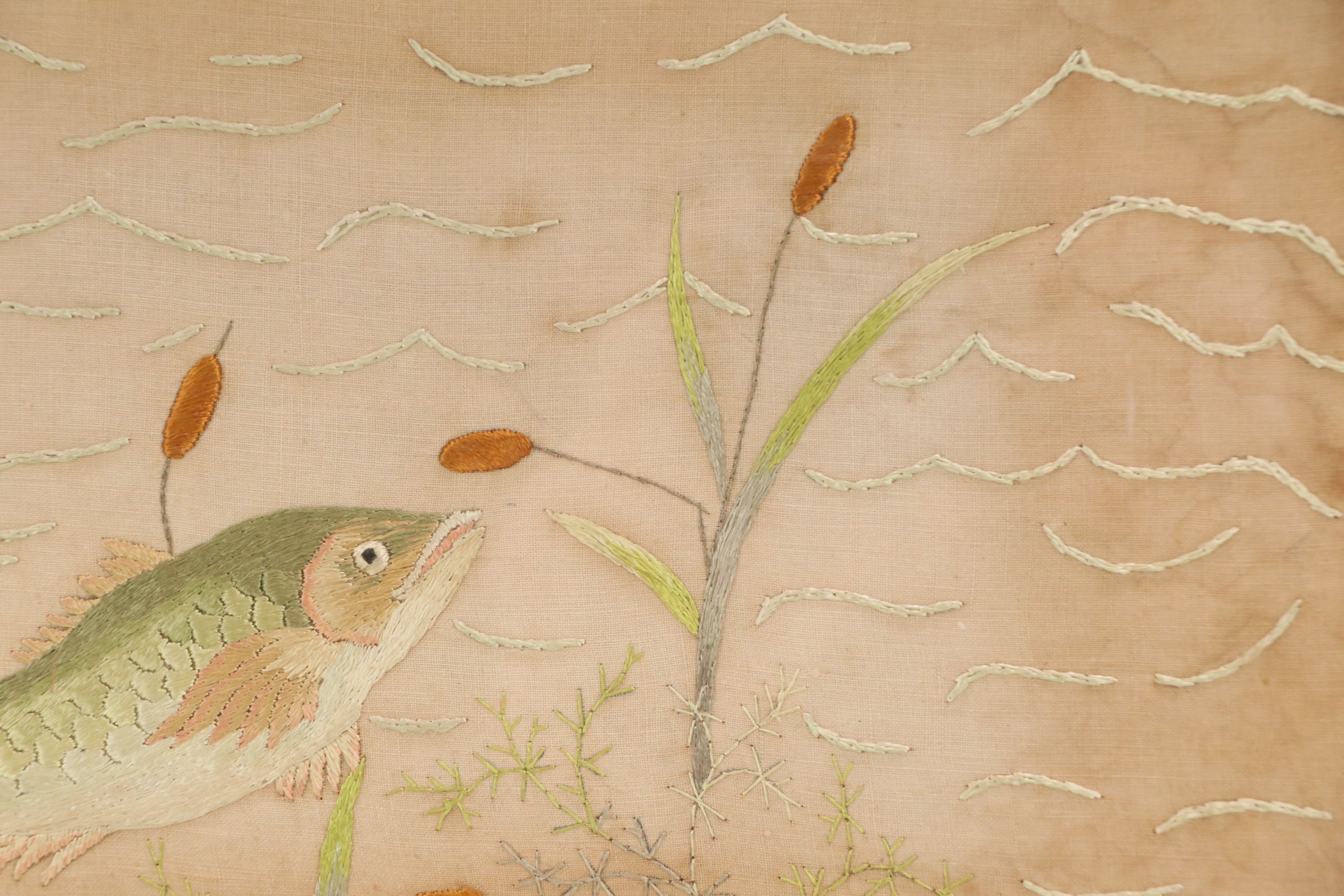 Hand-Embroidered Textile Panel of Fish in River, 20th Century