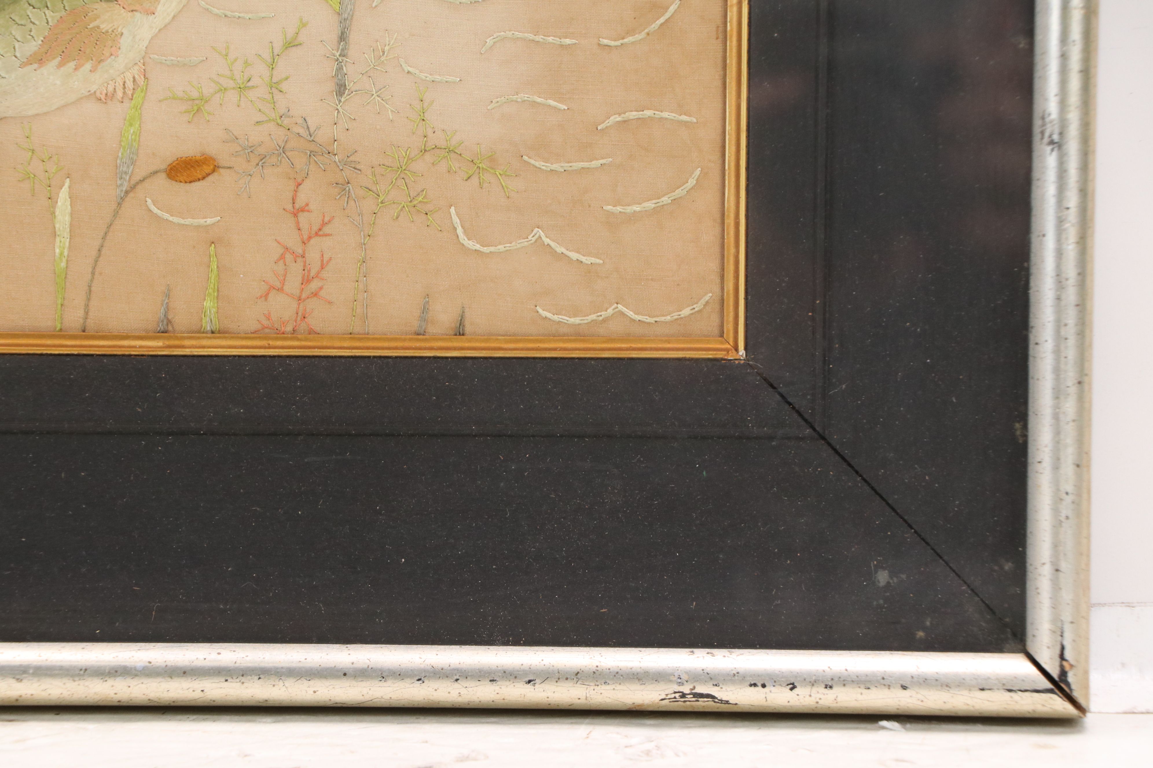 Hand-Embroidered Textile Panel of Fish in River, 20th Century