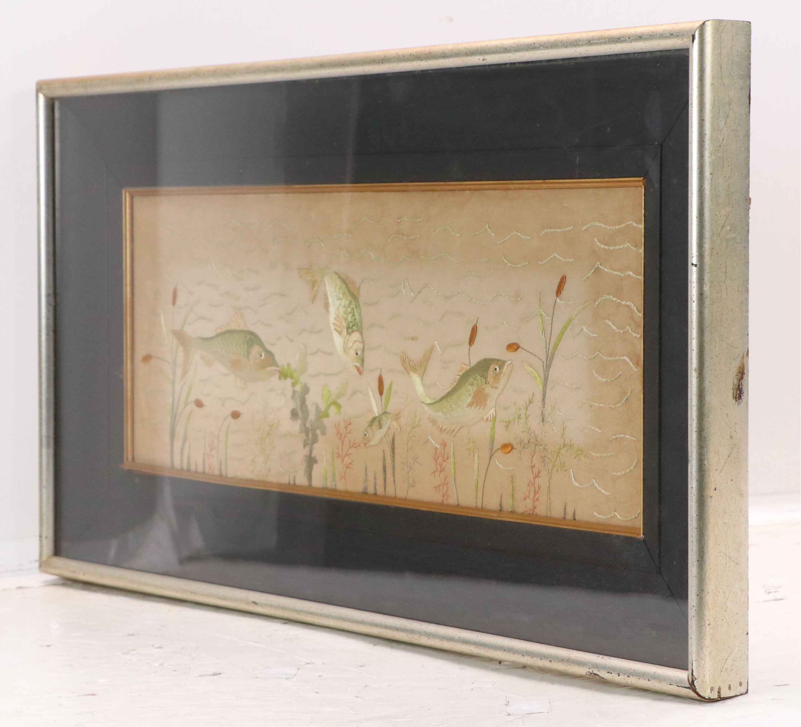 Hand-Embroidered Textile Panel of Fish in River, 20th Century