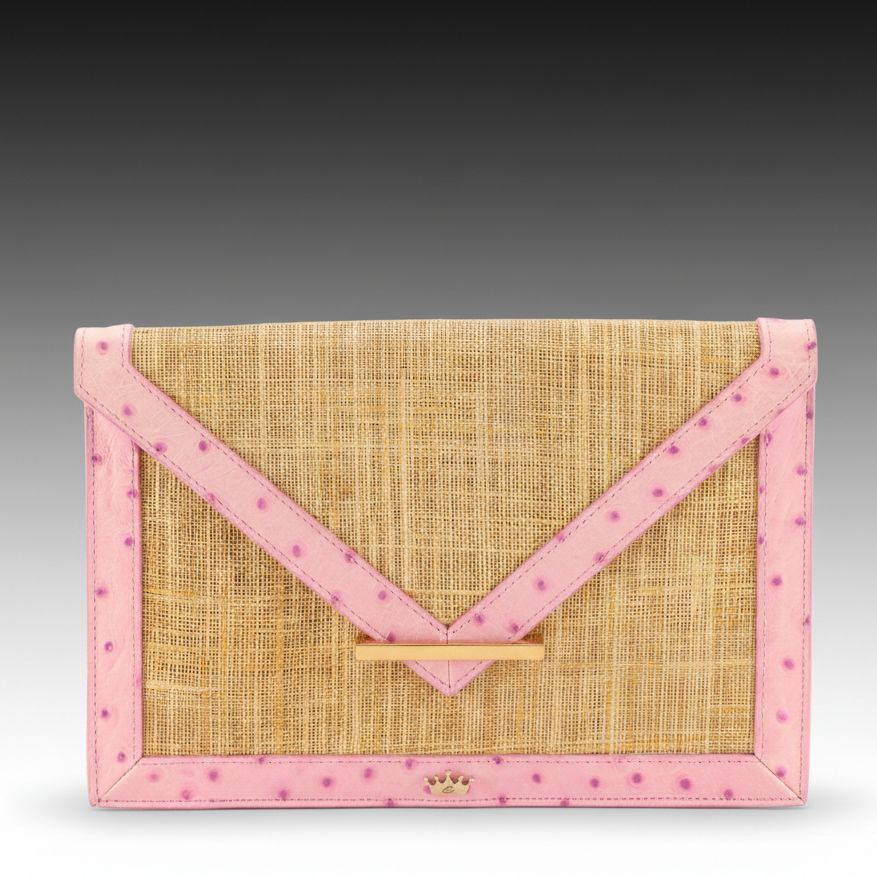 Elaine Turner Straw Envelope Clutch with Dyed Ostrich Leather Trim